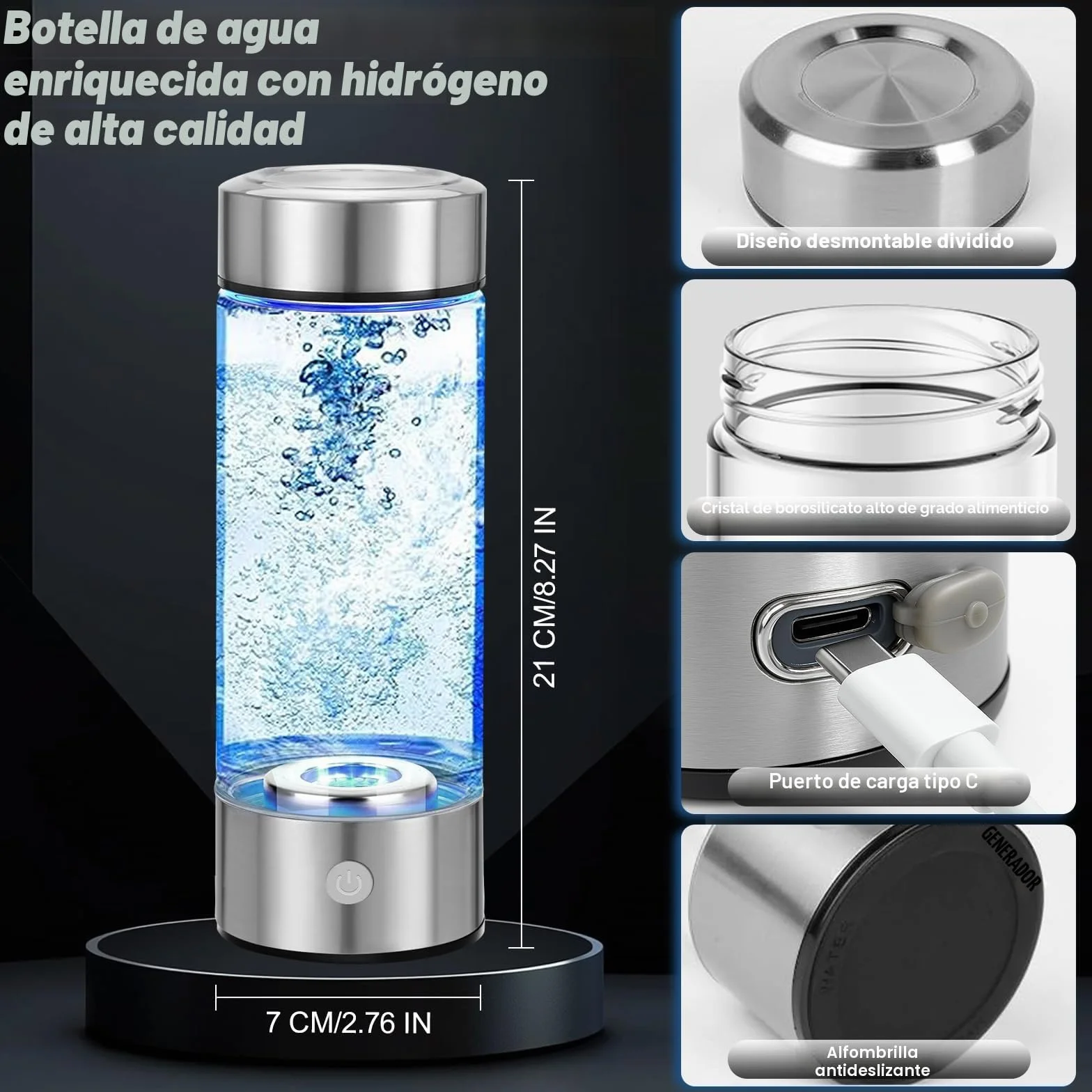 Botella de agua de hidrógeno rica en hidrógeno: tecnología SPE/PEM mejorada, botella portátil recargable de vidrio (adecuada para agua purificada y destilada)