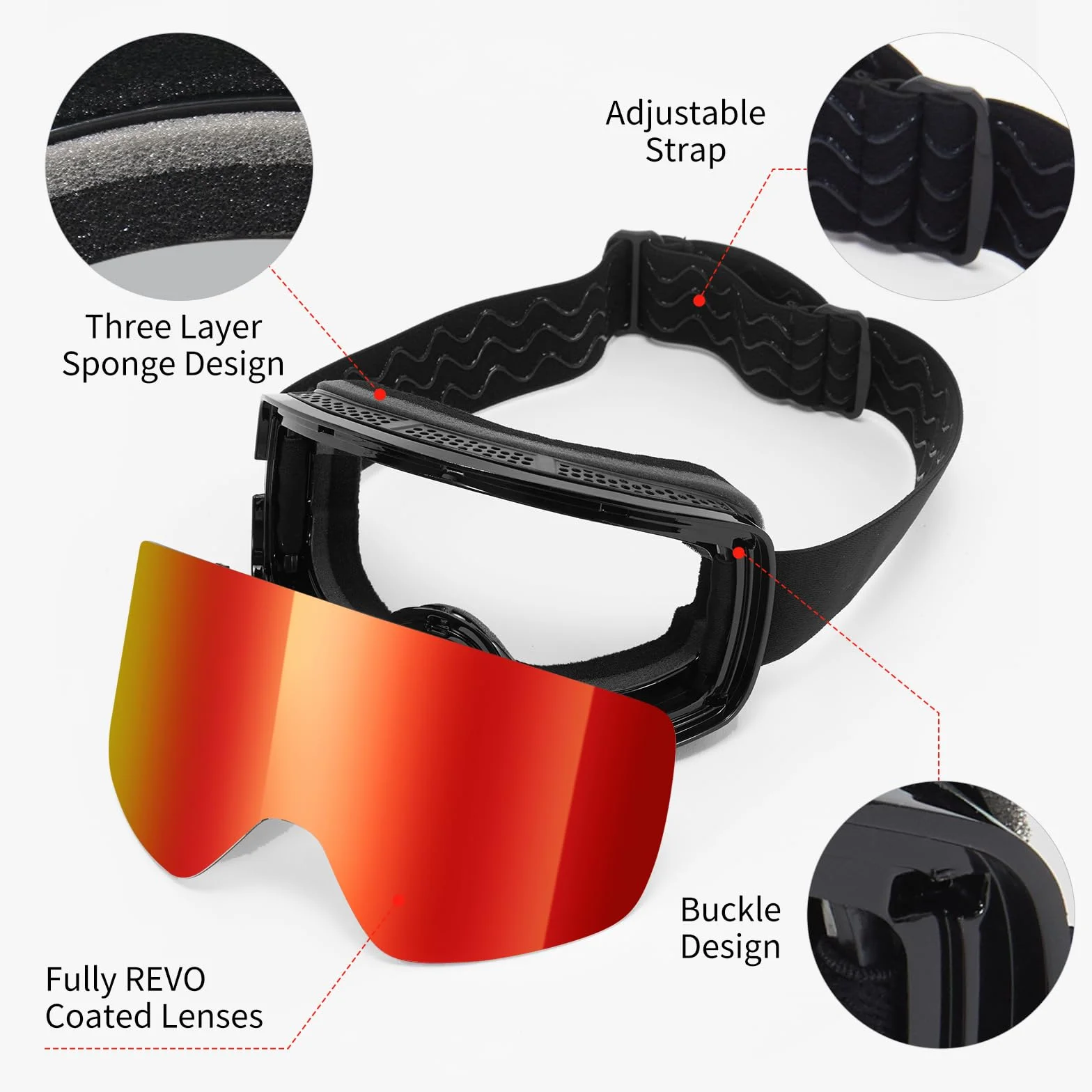 Gafas de Esquí YH227 OTG Ajustable Protección UV Anti-Niebla Snowboard Nieve Espejo