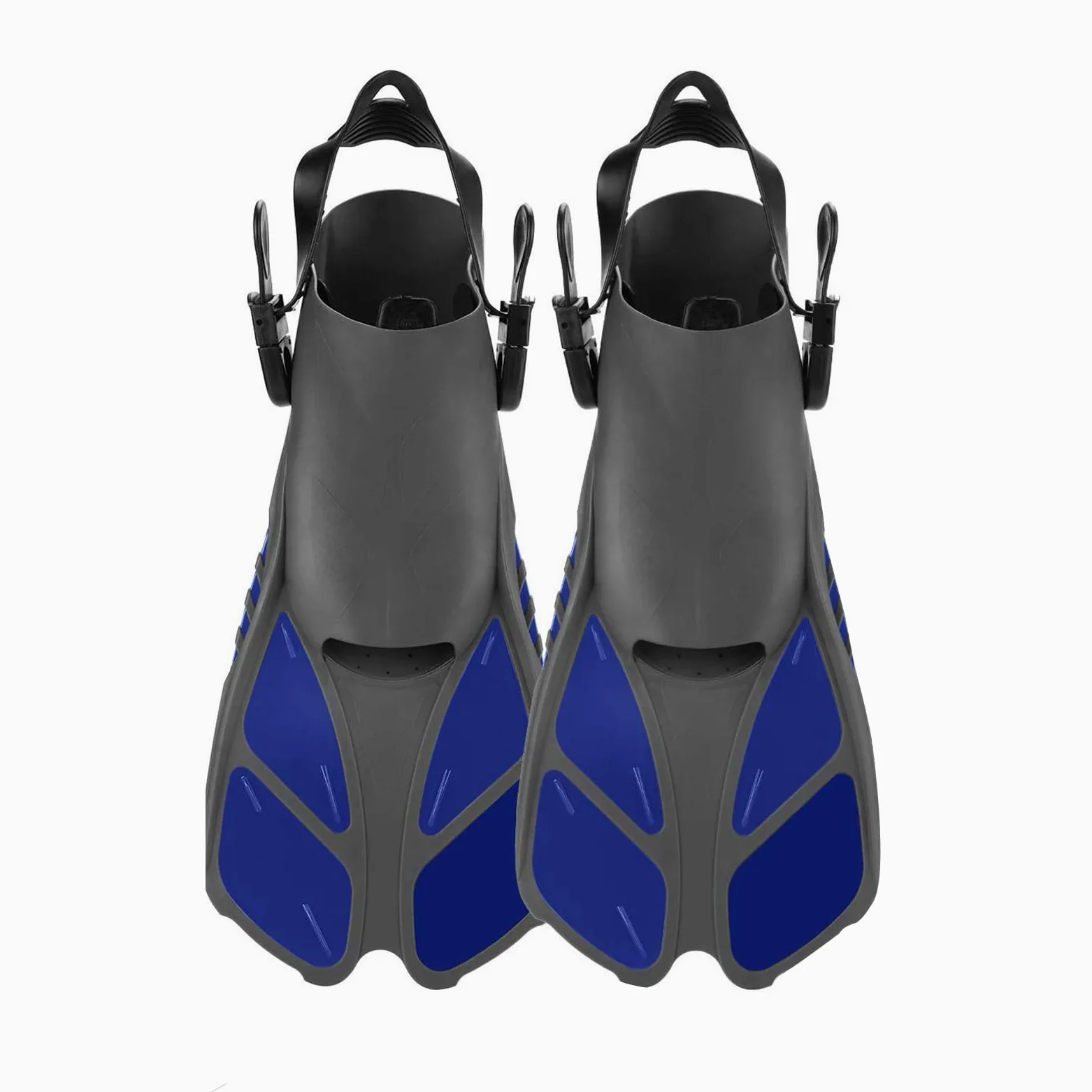 Aletas de buceo ajustables cortas para natación y piscina Snorkeling con bolsa para adultos para hombre y mujer, tacón abierto (azul, S)