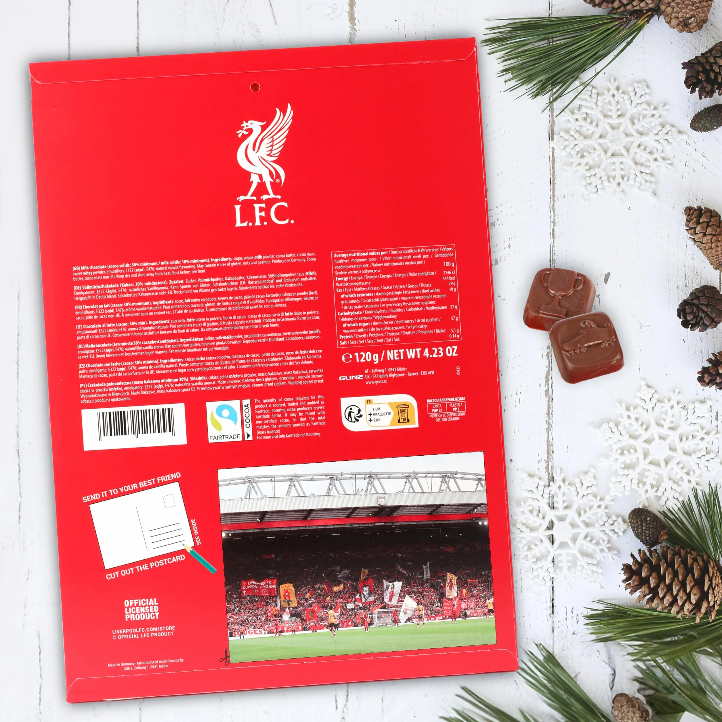 Gunz Calendario de adviento de chocolate del Liverpool FC de comercio justo, calendario de Navidad con 24 sorpresas de chocolate (120 g) + postal en la parte posterior – Regalo de Adviento para