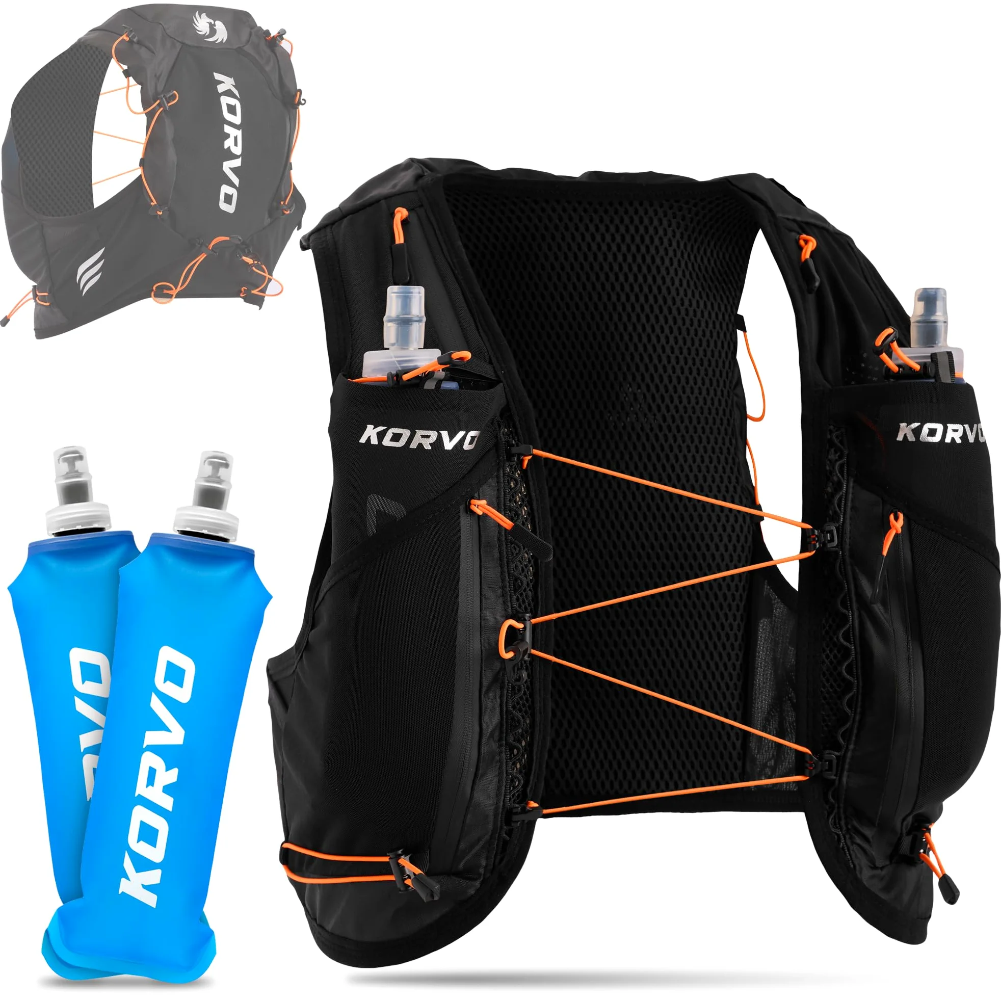 KORVO Chaleco Running Hombre y Mujer + 2 Soft Flask 500ml - Chaleco Hidratacion Trail Running, Mochila Hidratacion Correr, Mochila Trail Running Hombre, Running Vest, Chaleco para Correr