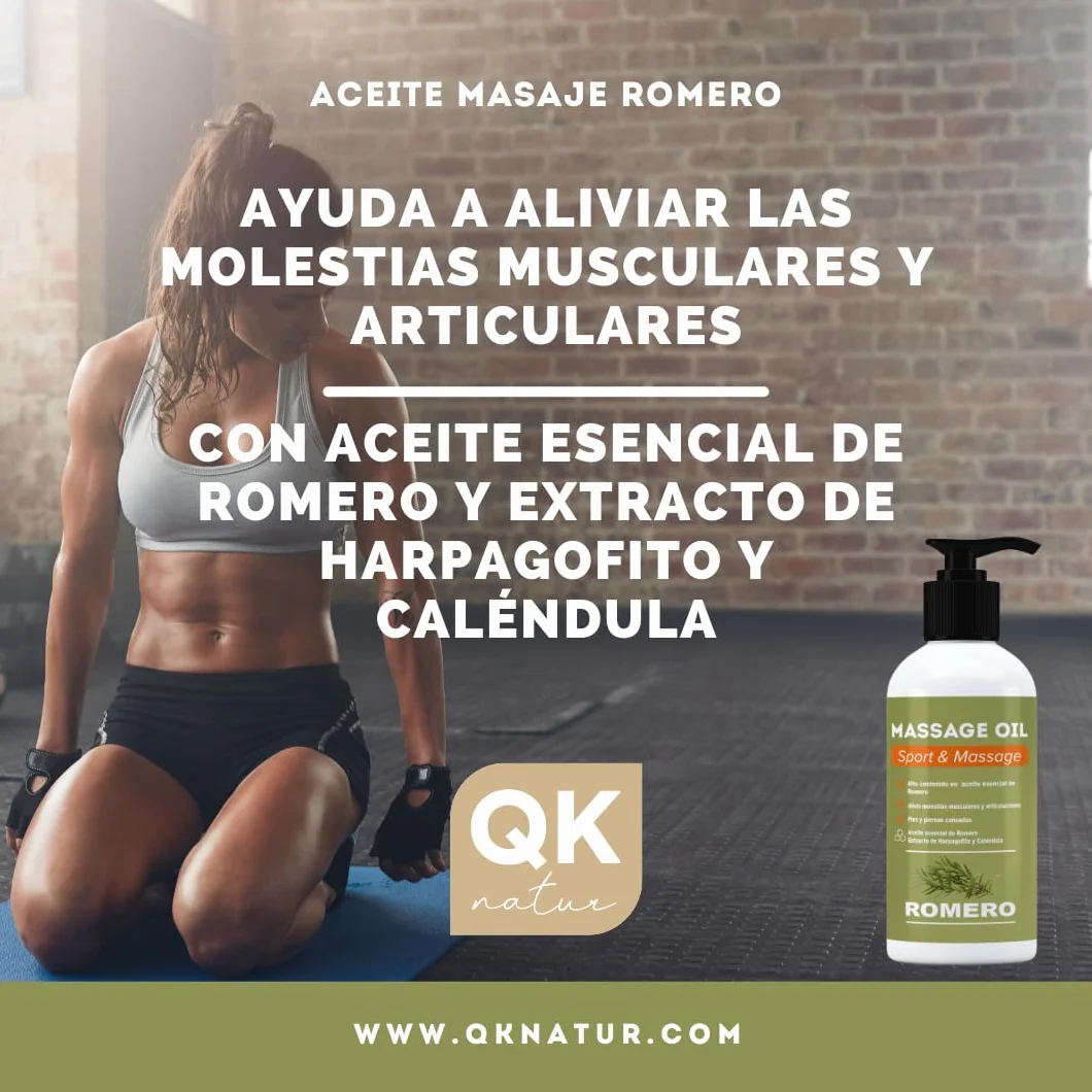 Aceite de Romero para Masaje 250 ml con Aceite Esencial de Romero, Harpagofito y Caléndula