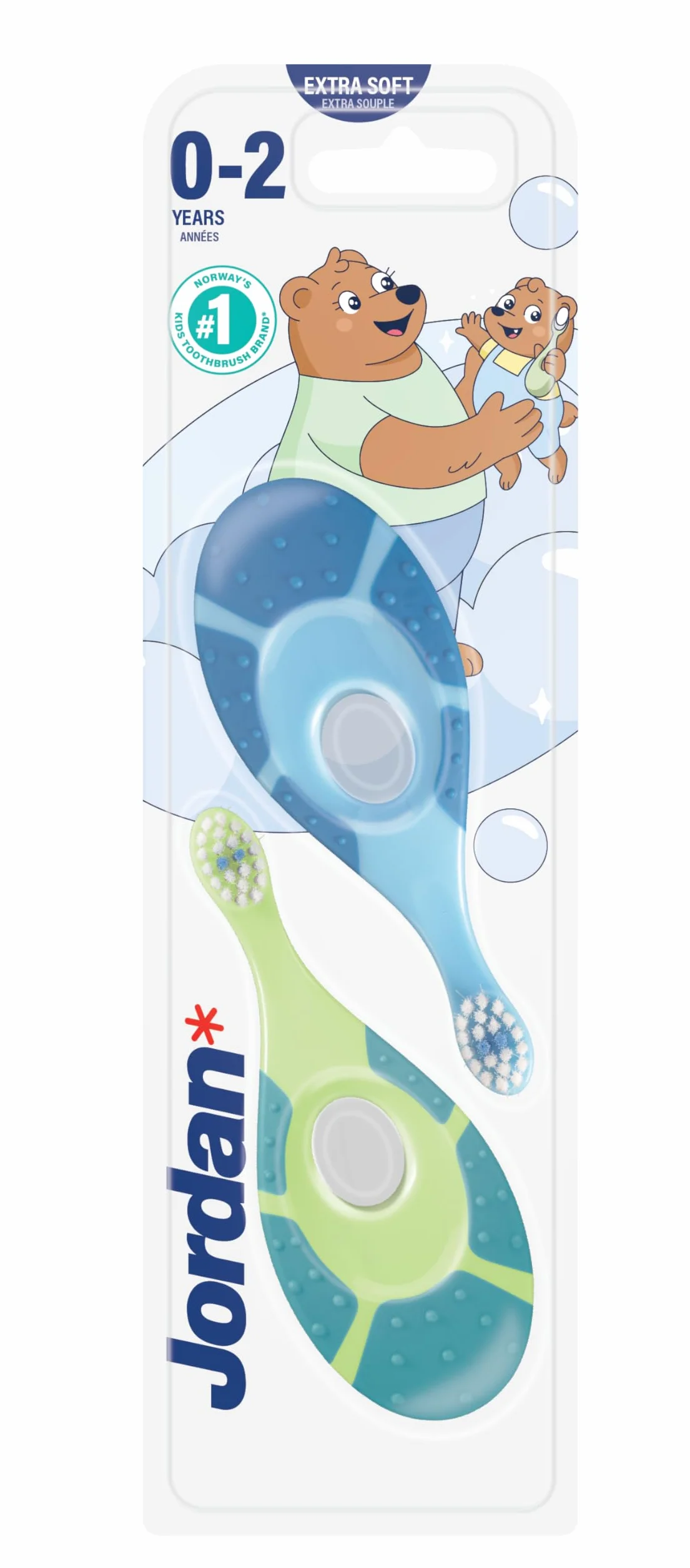 Jordan Cepillo de dientes para bebé 0-2 años Original cerdas extra suaves Pack 2 Unidades Multicolor