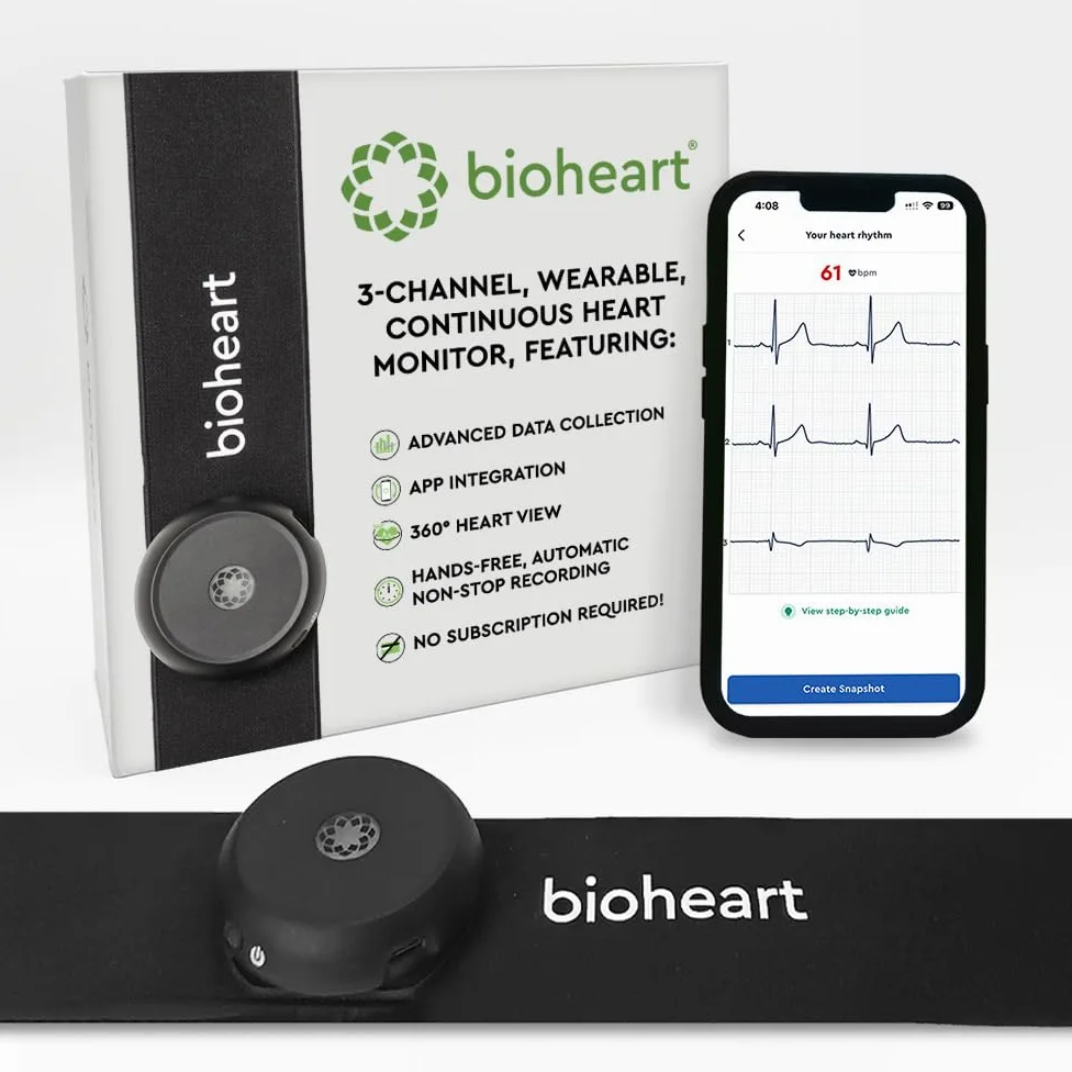Monitor de frecuencia cardíaca Bluetooth Bioheart | Monitor de frecuencia cardíaca continua | Dispositivo móvil de frecuencia cardíaca con correa para el pecho | Suscripción de un año incluida
