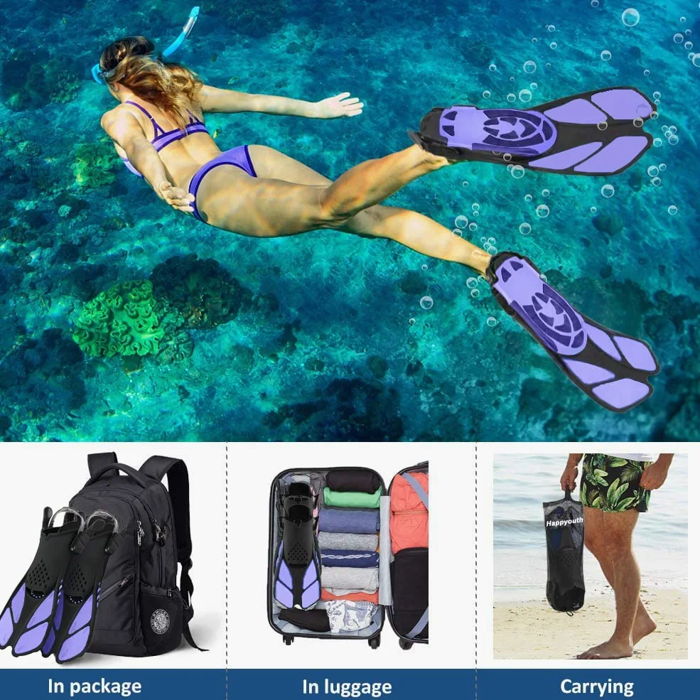 Aletas de esnórquel, aletas de natación de tacón abierto, ajustables, aletas cortas de tamaño de viaje con bolsa de malla para esnórquel, buceo, natación, adultos, hombres, mujeres, niños,