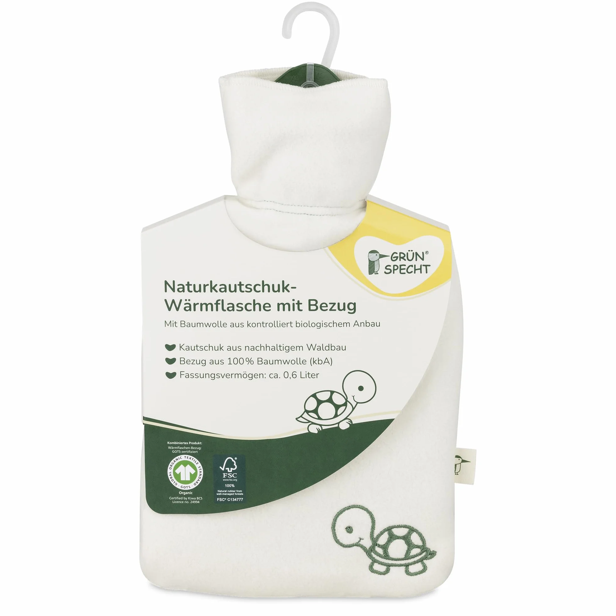GRÜNSPECHT Botella de agua caliente de caucho natural con funda ecológica blanca 100% algodón GOTS pequeña