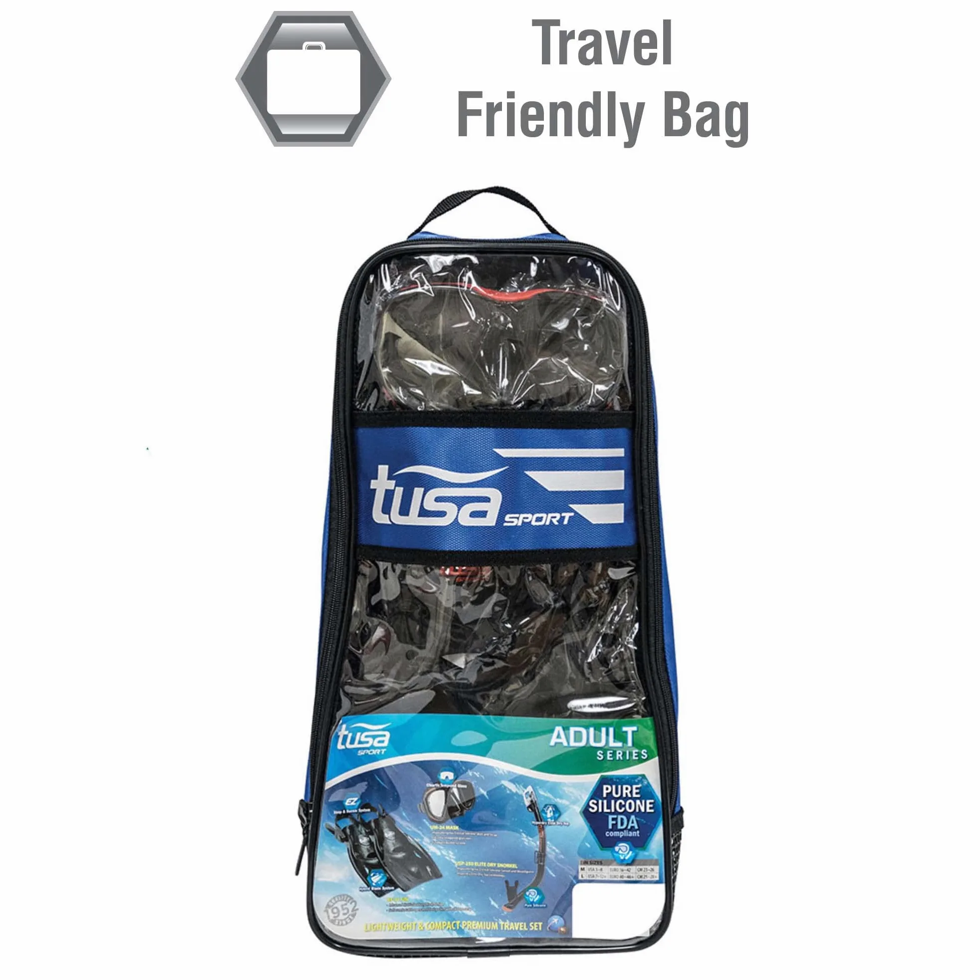 TUSA - Máscara deportiva para adultos, tubo de snorkel seco y aletas - UP-2521B-BKOG-L, Large, Negro (con bolsa reutilizable)/verde océano (con bolsa reutilizable).