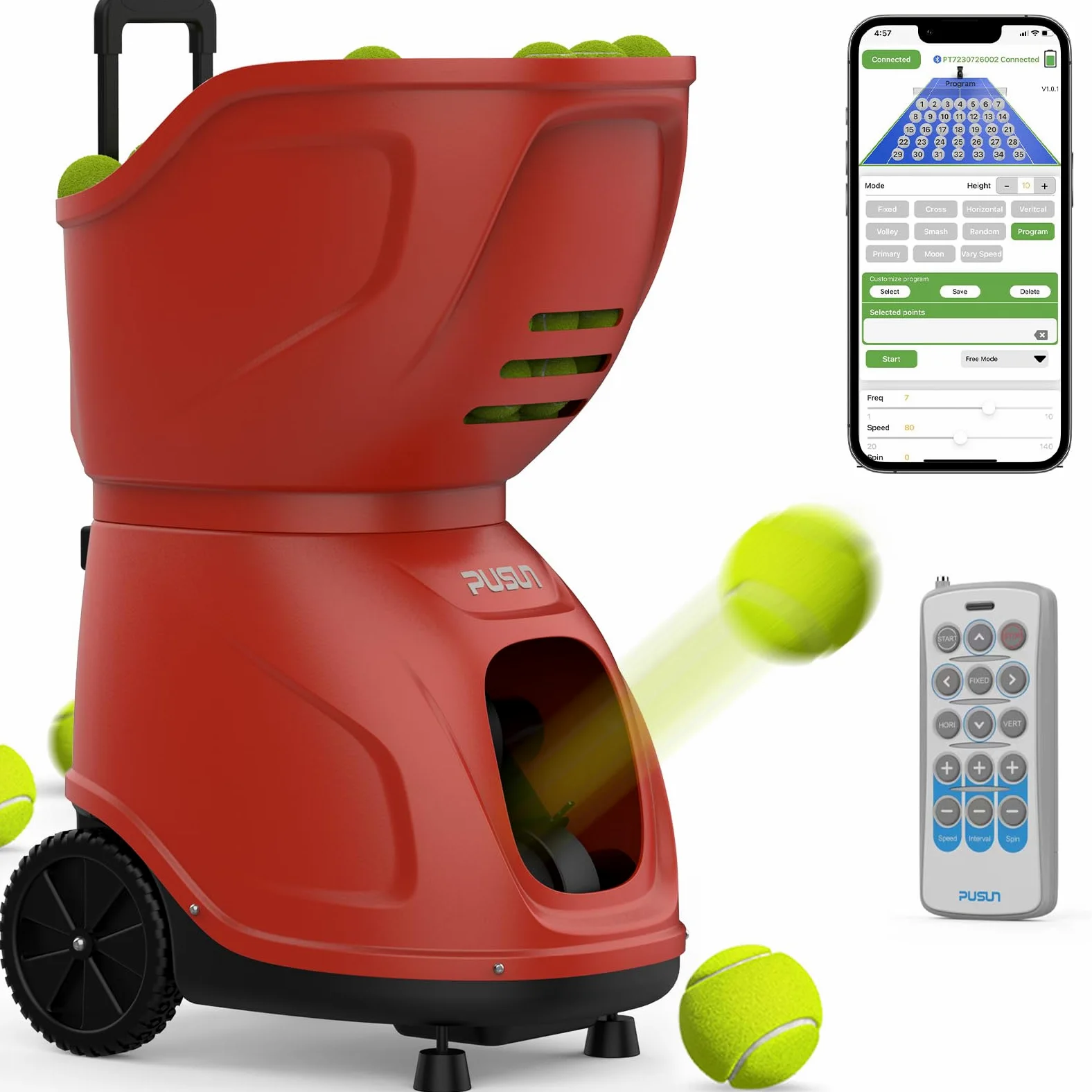 PUSUN PT-9001 PRO Máquina de pelotas de tenis inteligente insignia 150 pelotas 20-140 km/h 35 puntos 12 modos