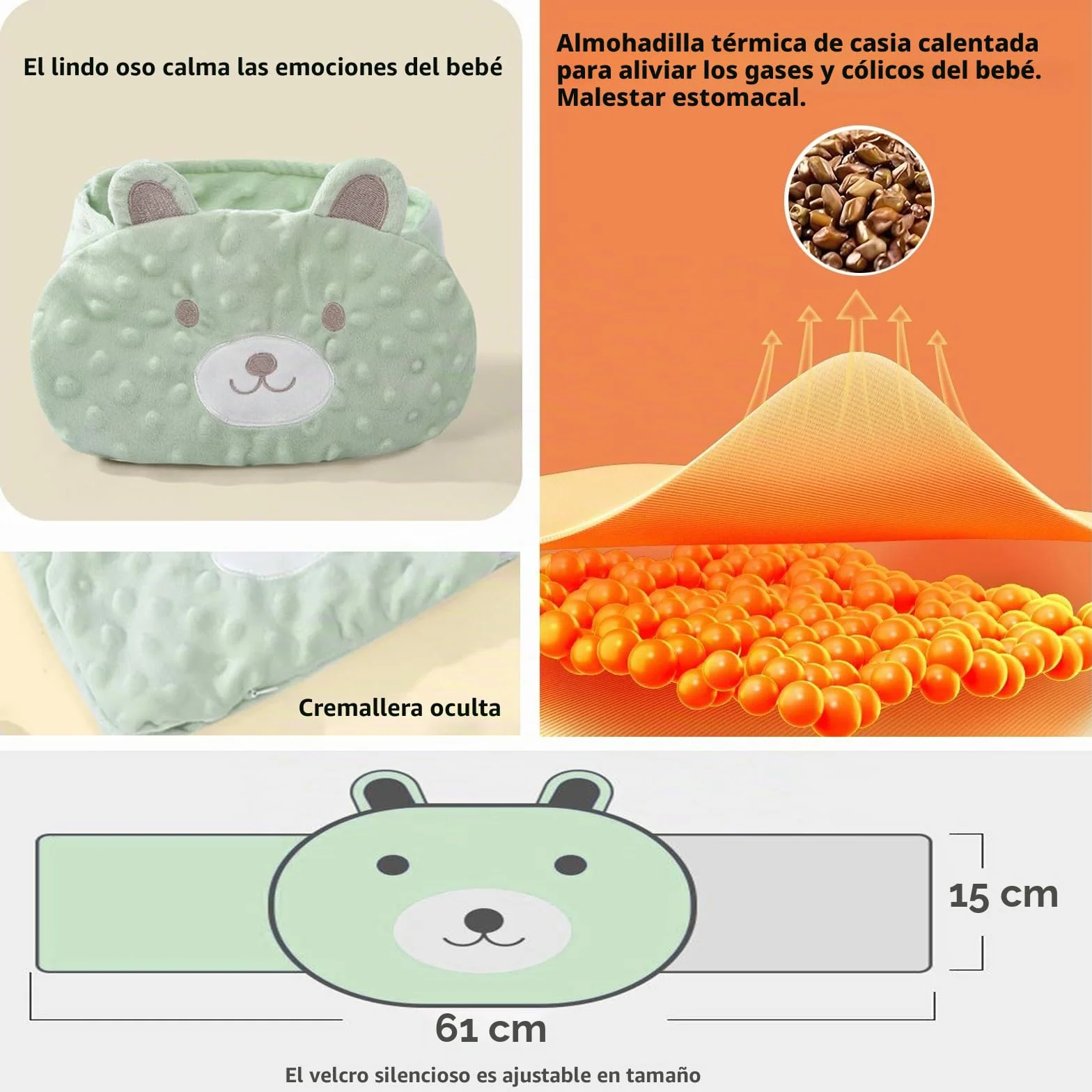 Almohadilla térmica para bebé con semillas de casia: alivia cólicos y gases (verde)