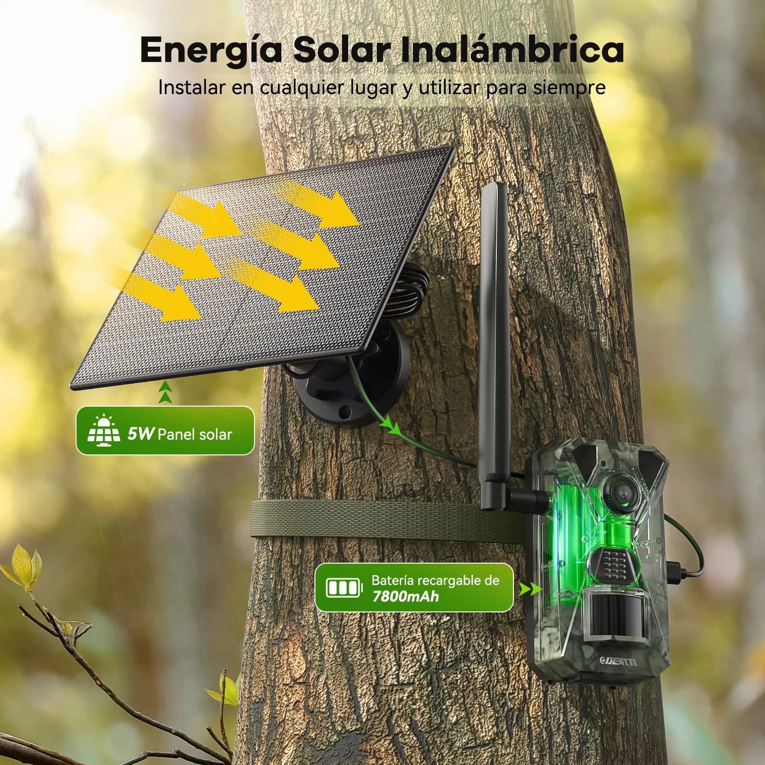 DEATTI Camara Fototrampeo Solar 4G LTE Camara Caza, Tarjeta SIM Camara de Caza Nocturna 940nm Invisibles IR Leds IP66 Impermeable, con Batería Incorporada de 7800mAh（Sin Tarjeta SD）