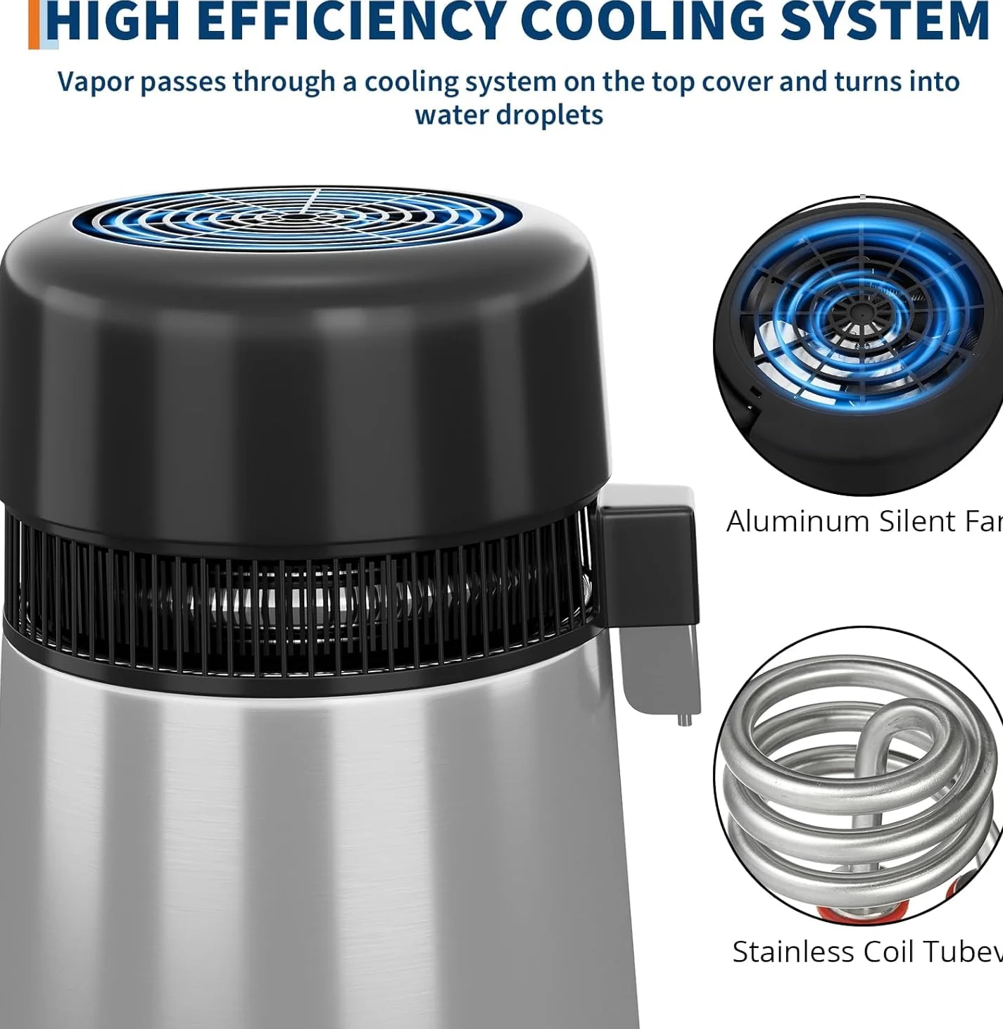 Destilador de agua 4L,1 litro por hora,750W Máquina de agua destilada con apagado automático,Eliminación de impurezas,Interior Acero 304,Purificador de agua portátil para casas,Oficina,Viajes-Plata