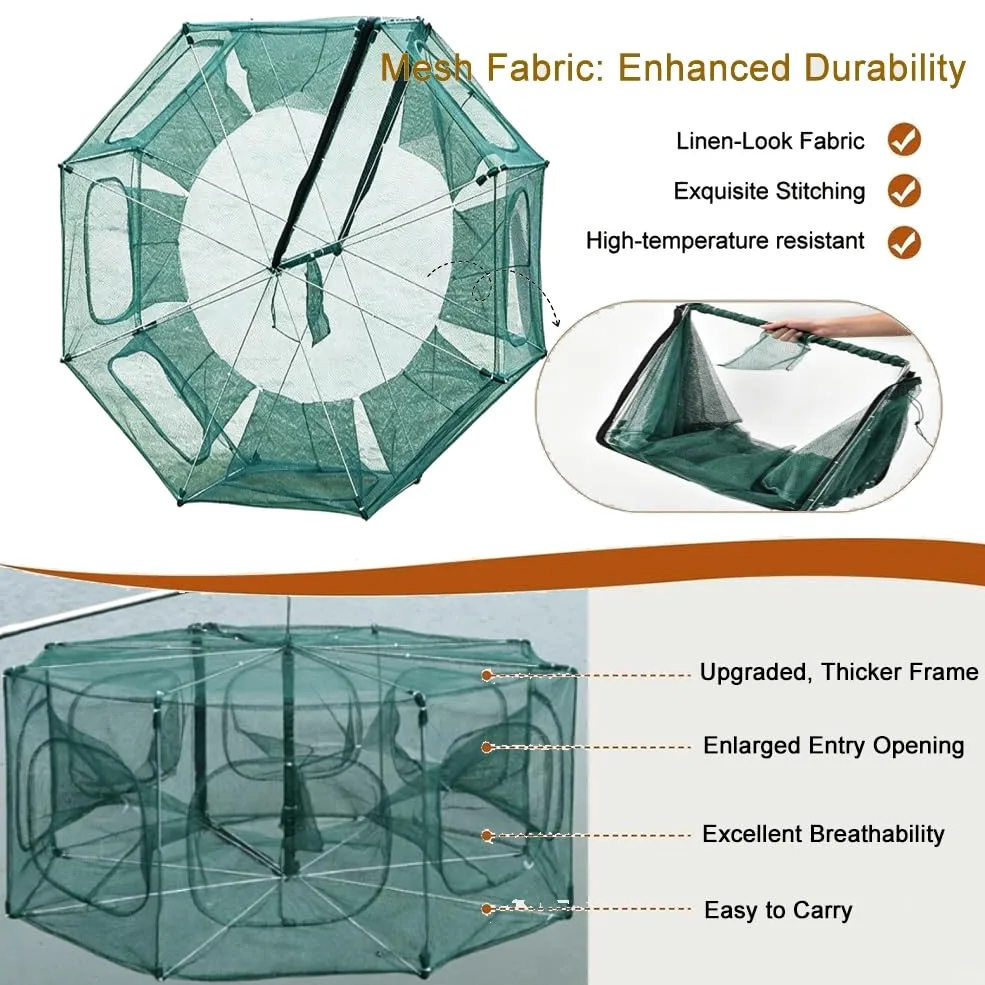 Red de trampa plegable para peces, red de camarones y cangrejos estilo paraguas, red de pesca de apertura automática con múltiples agujeros de entrada, trampa de malla duradera para camarones