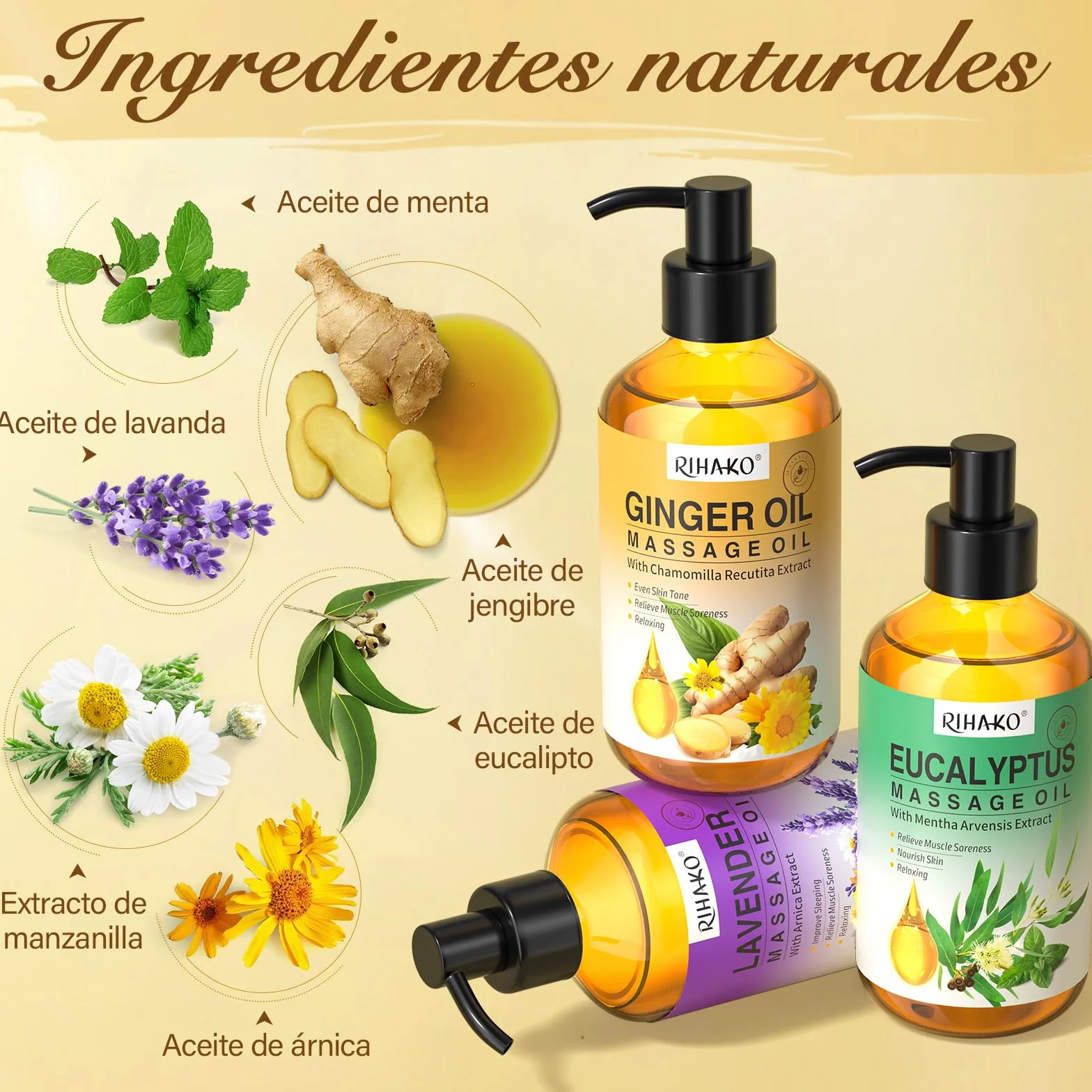 Set Aceites de Masaje para Terapia, Drenaje Linfático, Jengibre, Lavanda, Eucalipto, 3 x 100 ml