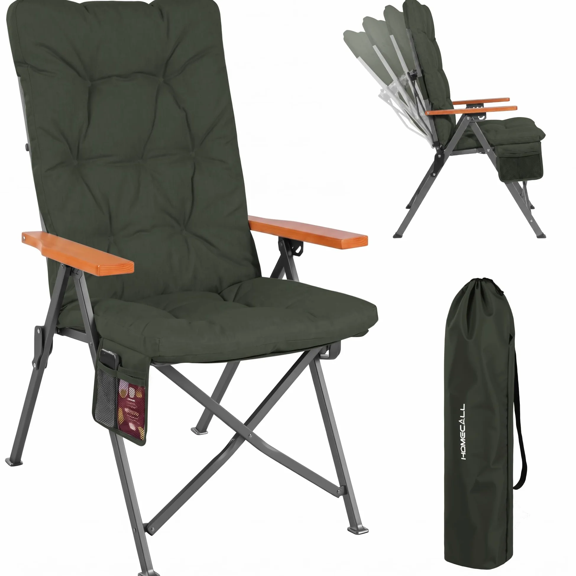 Homecall Silla de camping plegable, soporta 150 kg, respaldo alto, silla plegable de lujo, con 3 posiciones, ajustable con 4,5 cm de grosor, acolchada, para jardín, balcón, autocaravana (1, gris