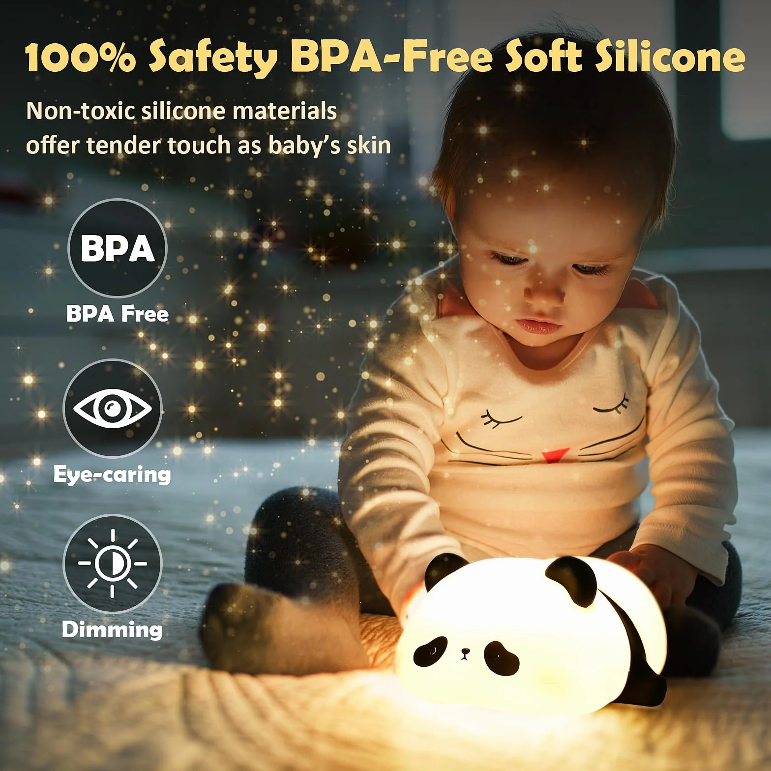 Comius Sharp Panda Luz Nocturna Infantil, Lampara Bebe Noche Silicona Suave Sensor Tactil