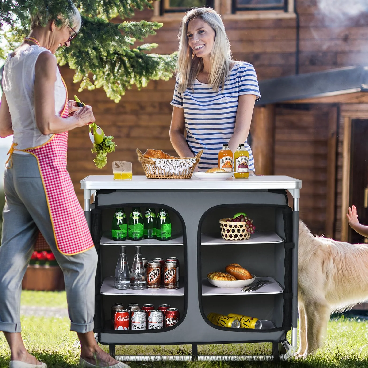 GYMAX Armario Plegable Camping, 96 x 49 x 81,5 cm, Mesa de Cocina al Aire Libre con 6 Compartimientos de Almacenamiento y Bolsa de Transporte, Cocina de Viaje para BBQ, Camping y Picnics, Gris