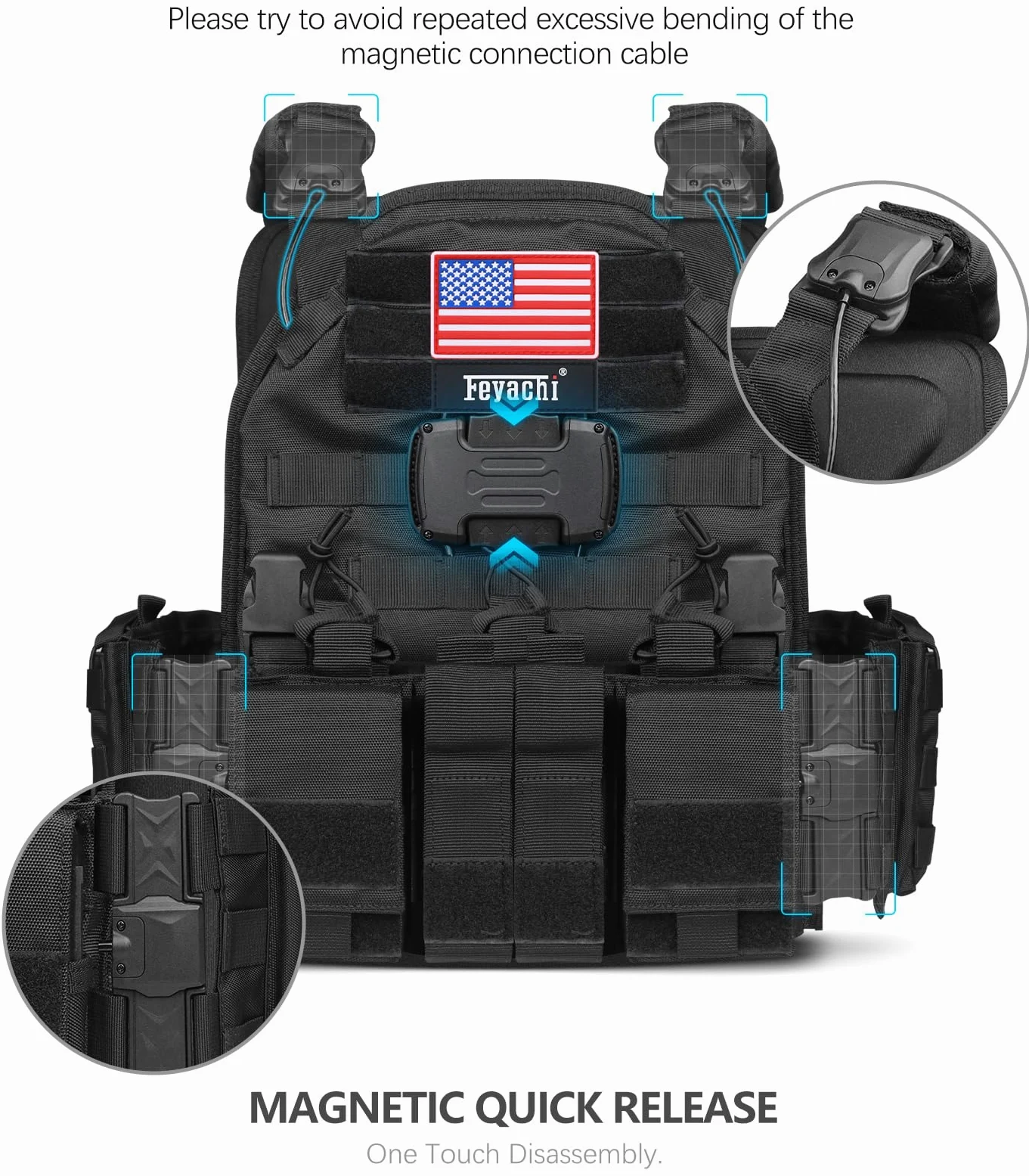 Feyachi Chaleco táctico magnético para airsoft, sistema MOLLO, chaleco táctico multifuncional de liberación rápida, chaleco táctico ajustable de cuerpo completo, chaleco de desmontaje con un solo