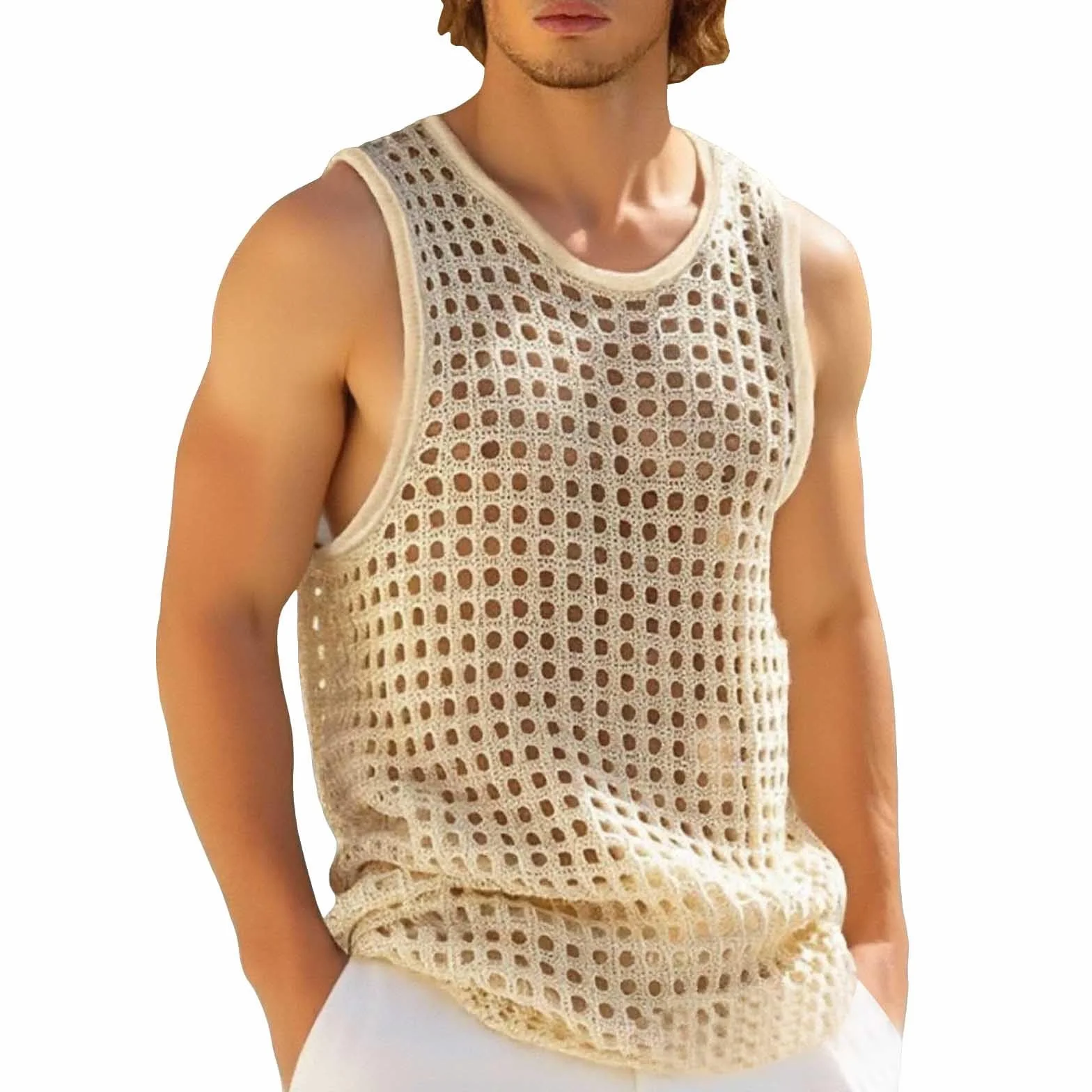 Camiseta de malla transpirable para hombre, tirantes sexy, cuello redondo, sin mangas
