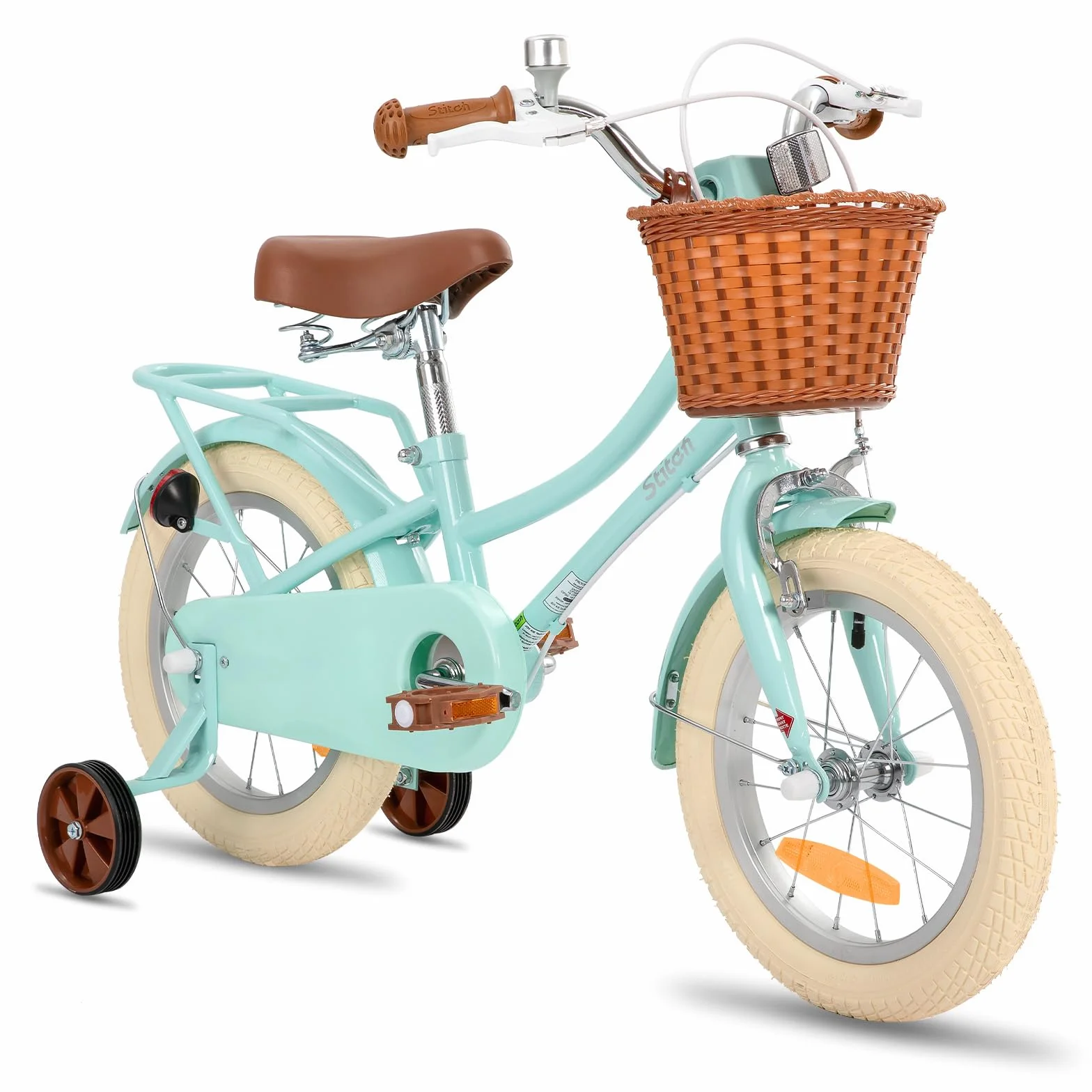 STITCH MANCHI 12 & 14 & 16 & 18 Pulgadas Bicicleta Infantil con Cesta y Ruedas estabilizadoras para niñas y niños de 2 a 9 años (Verde y Rosa)