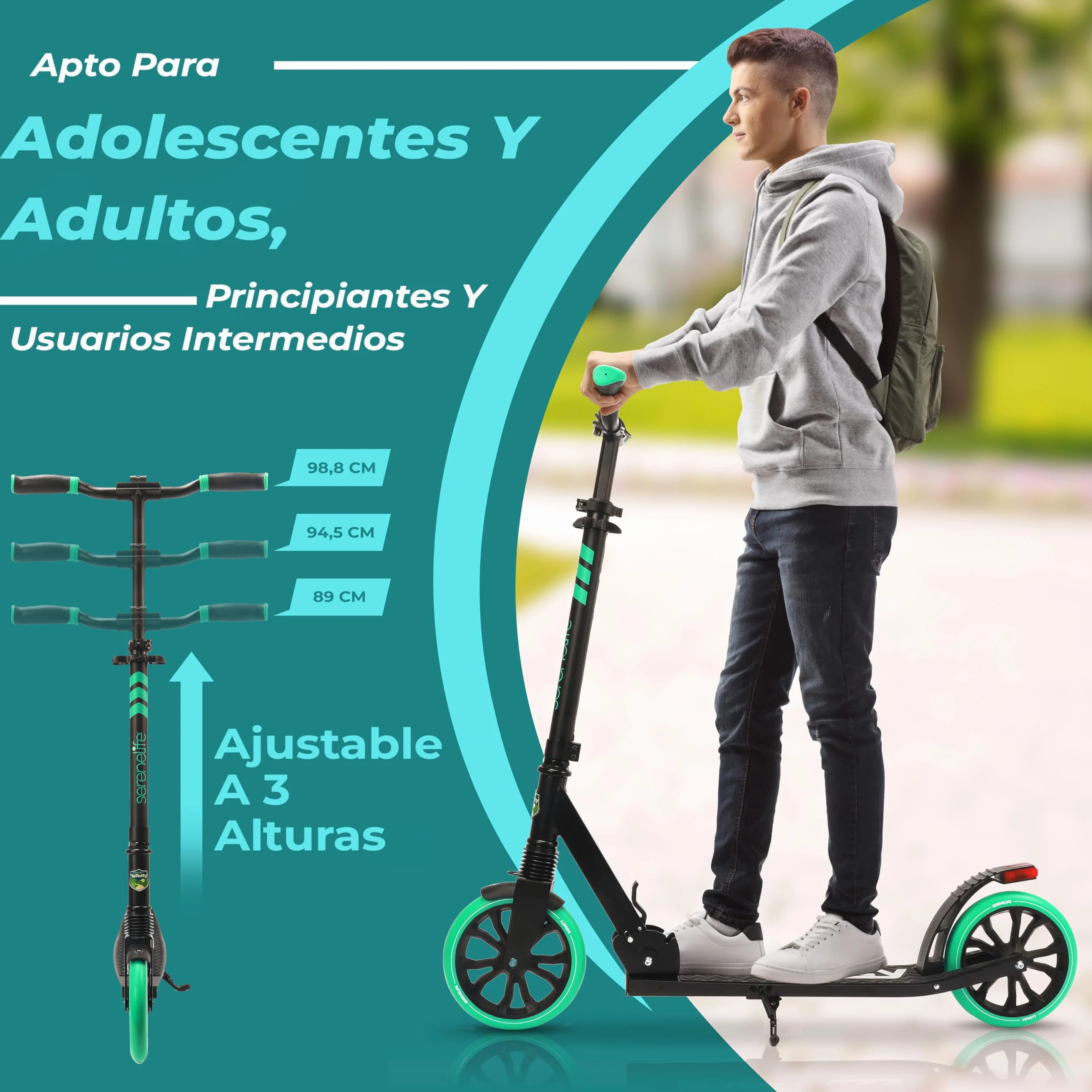 SereneLife Patinete Plegable Ajustable con Luces Freno Manillar Dos Ruedas