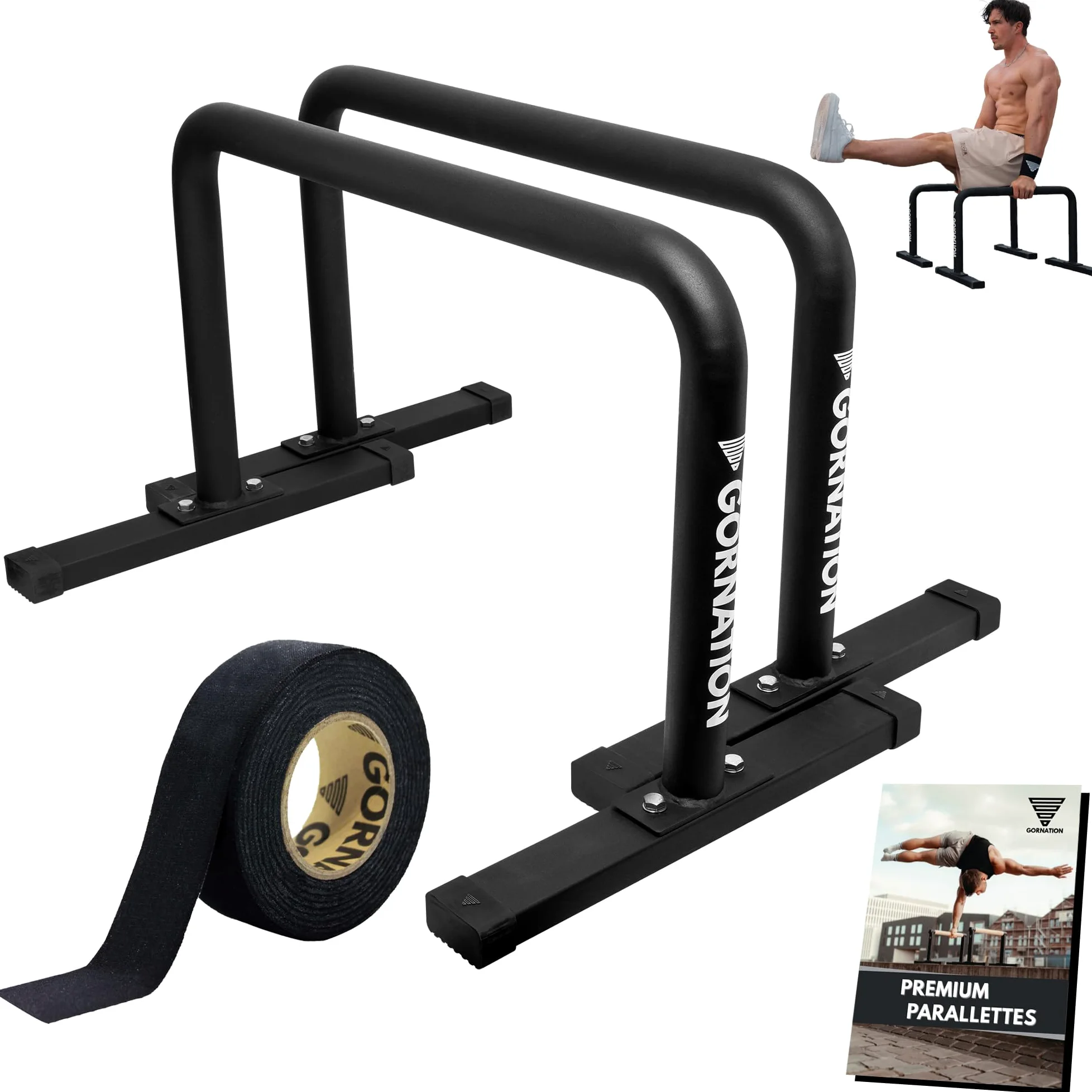 GORNATION Barras Paralelas de Metal para Calistenia, Soporte Antideslizante y Estable para Flexiones, L-Sits, Handstands, Barras de Push Up y Entrenamiento de Fuerza en Casa y Exterior, Inc. Grip Tape
