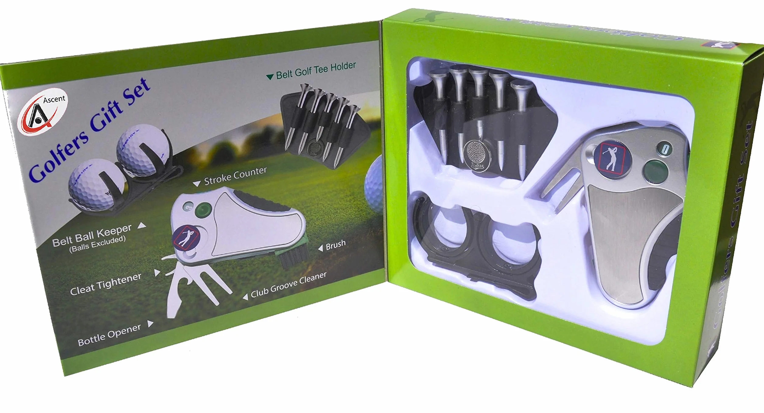 Juego de regalo de golf: herramienta contador de golpes, reparación de divot, cepillo, marcador de bola, tensor de tacos, limpiador de ranuras