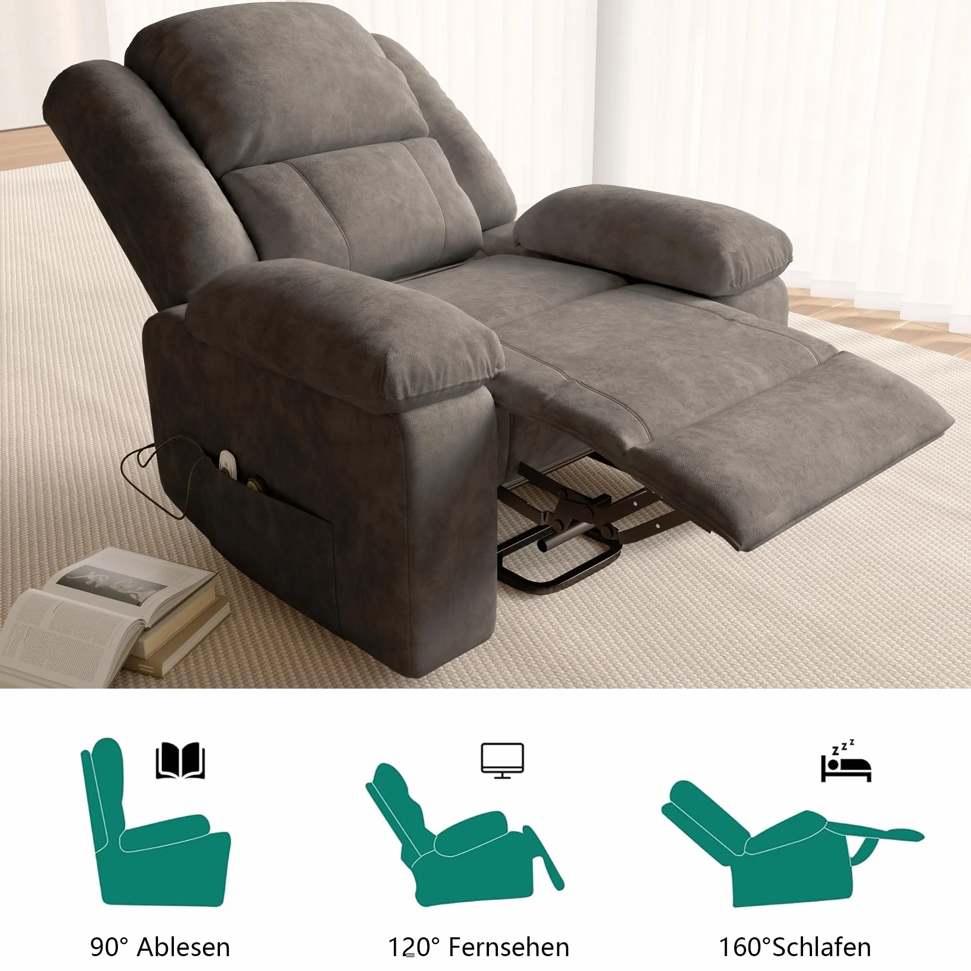 Sillón Reclinable Eléctrico con Calefacción y Masaje, Gris