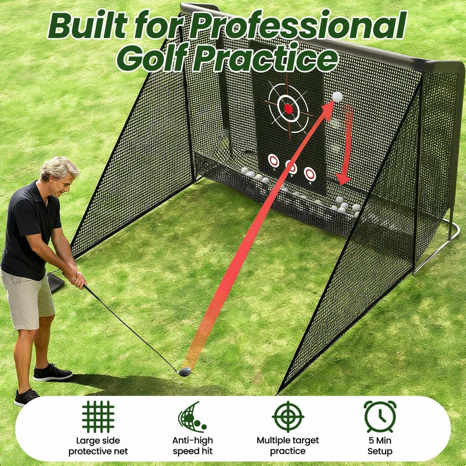Red de golf, red de entrenamiento portátil con barreras laterales/retorno automático de la pelota, red de golf con dos paños de objetivo, una bolsa de transporte y cuatro anclajes de suelo