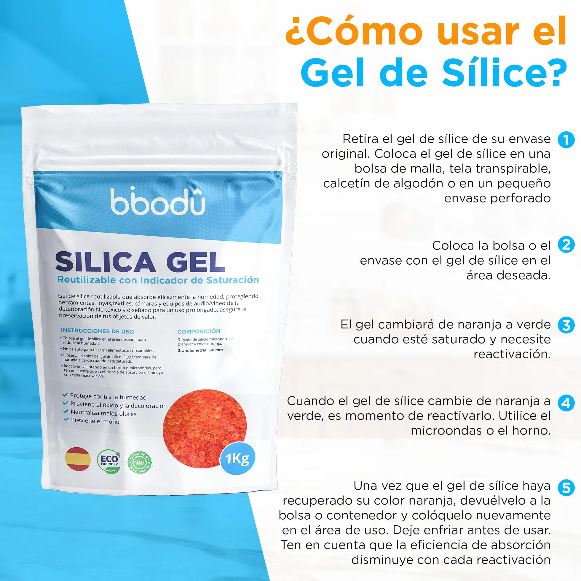 Gel de Sílice Naranja 1KG + 10 Bolsas Reutilizable con Indicador de Saturación