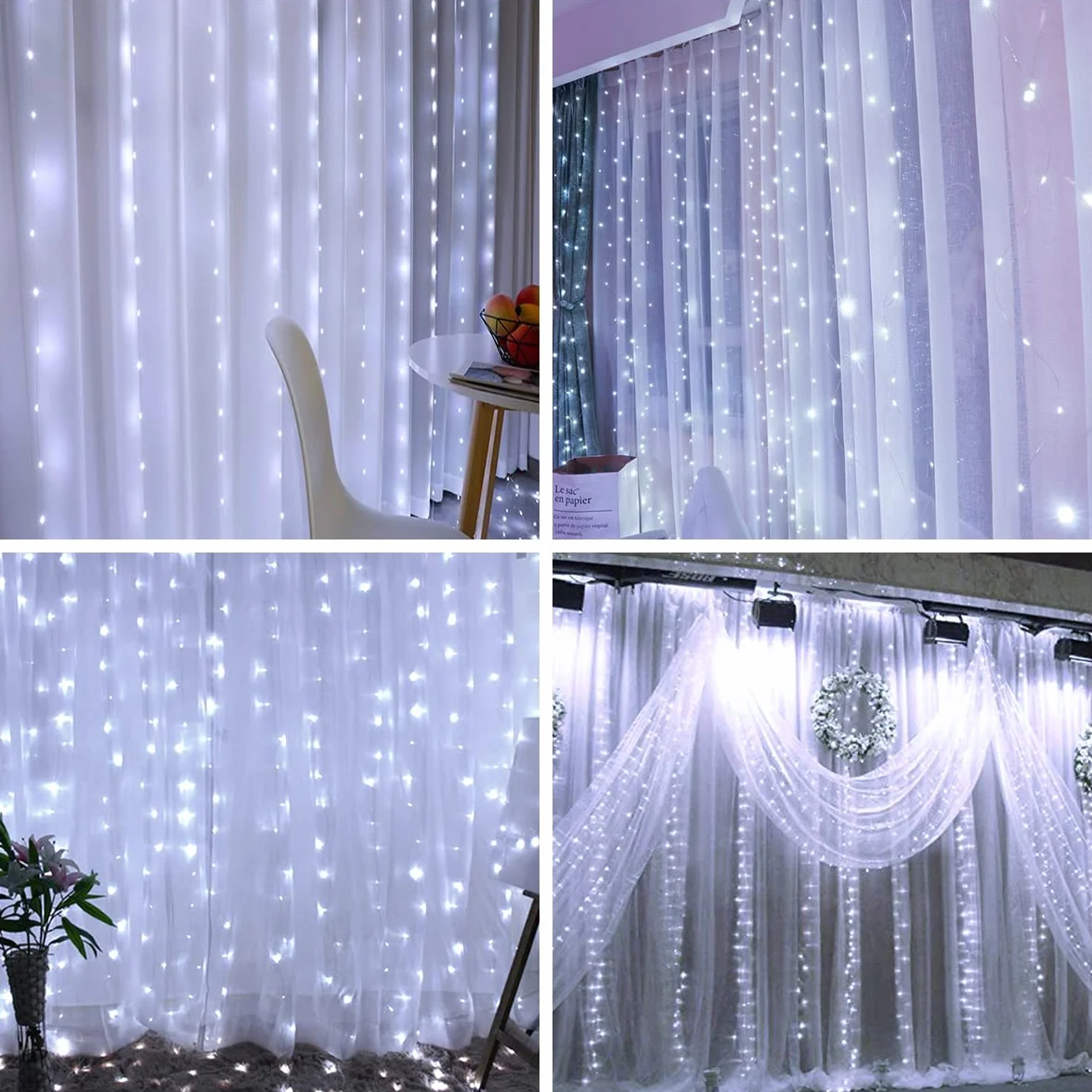 Aomig Cortina de Luces LED USB 3m x 3m 300 LED 8 Modos Control Remoto Impermeable para Ventana Navidad