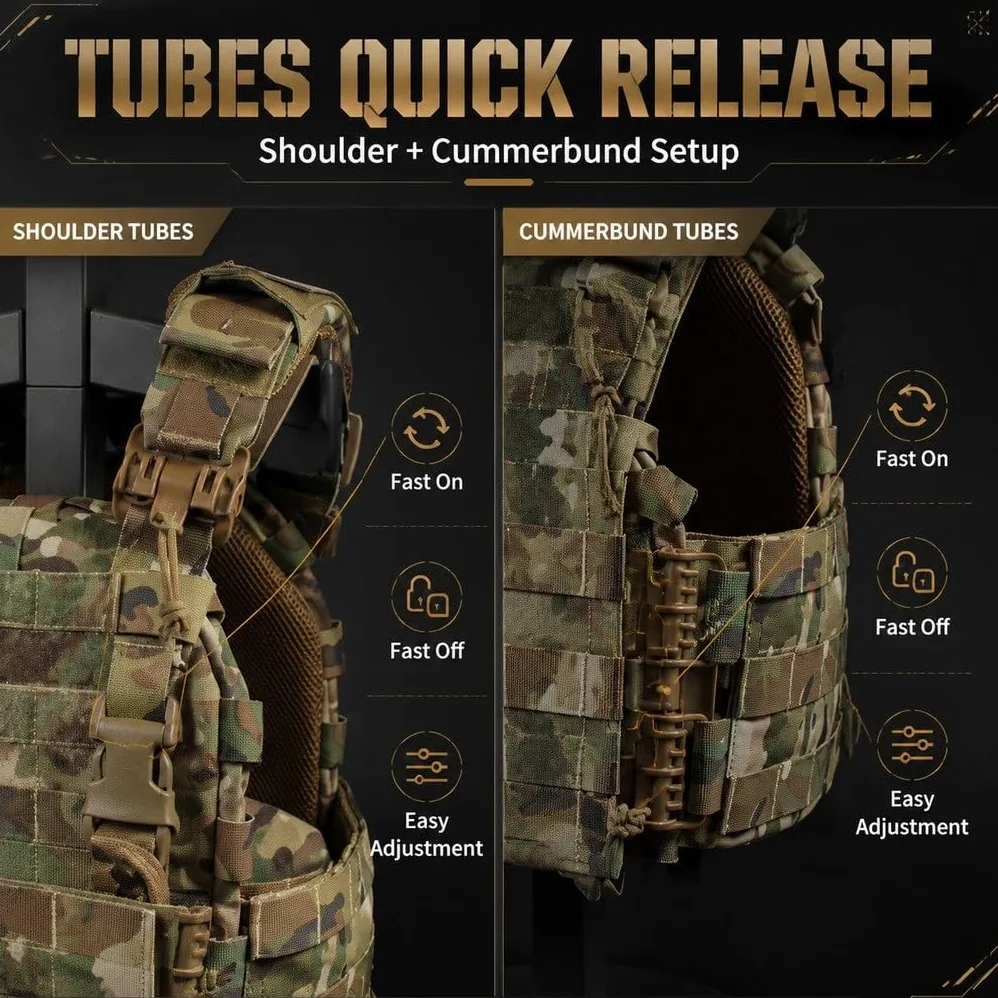 Chaleco Táctico ARC, Tubos Dobles, Liberación Rápida, MOLLE, Panel Triple Mag, Bolsa Desmontable, Cintura Ajustable