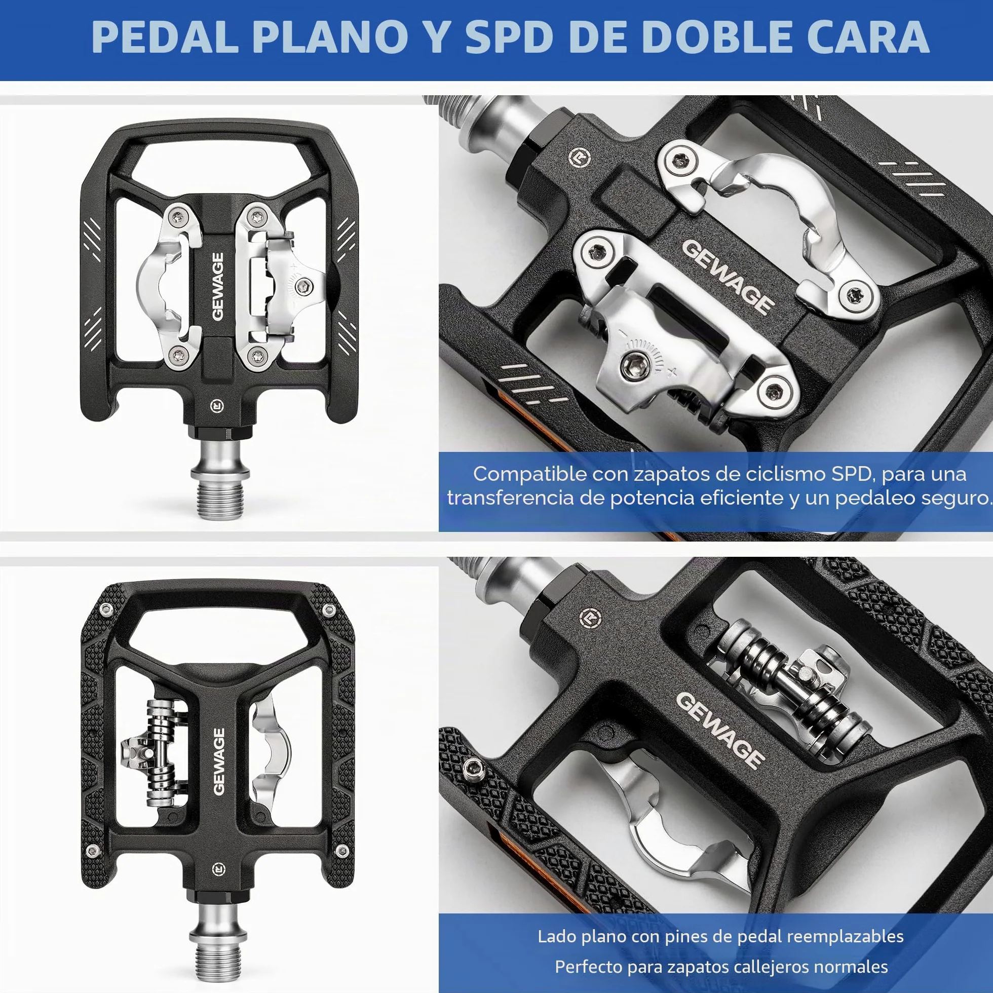 GEWAGE Pedales Bicicleta 2 en 1 SPD/Plataforma – Cuerpo de Aluminio CNC, Tensión Ajustable, Eje Chromoly, Pines Antideslizantes, Incluye 2 Calas SH51, para MTB, Trekking y Bikepacking