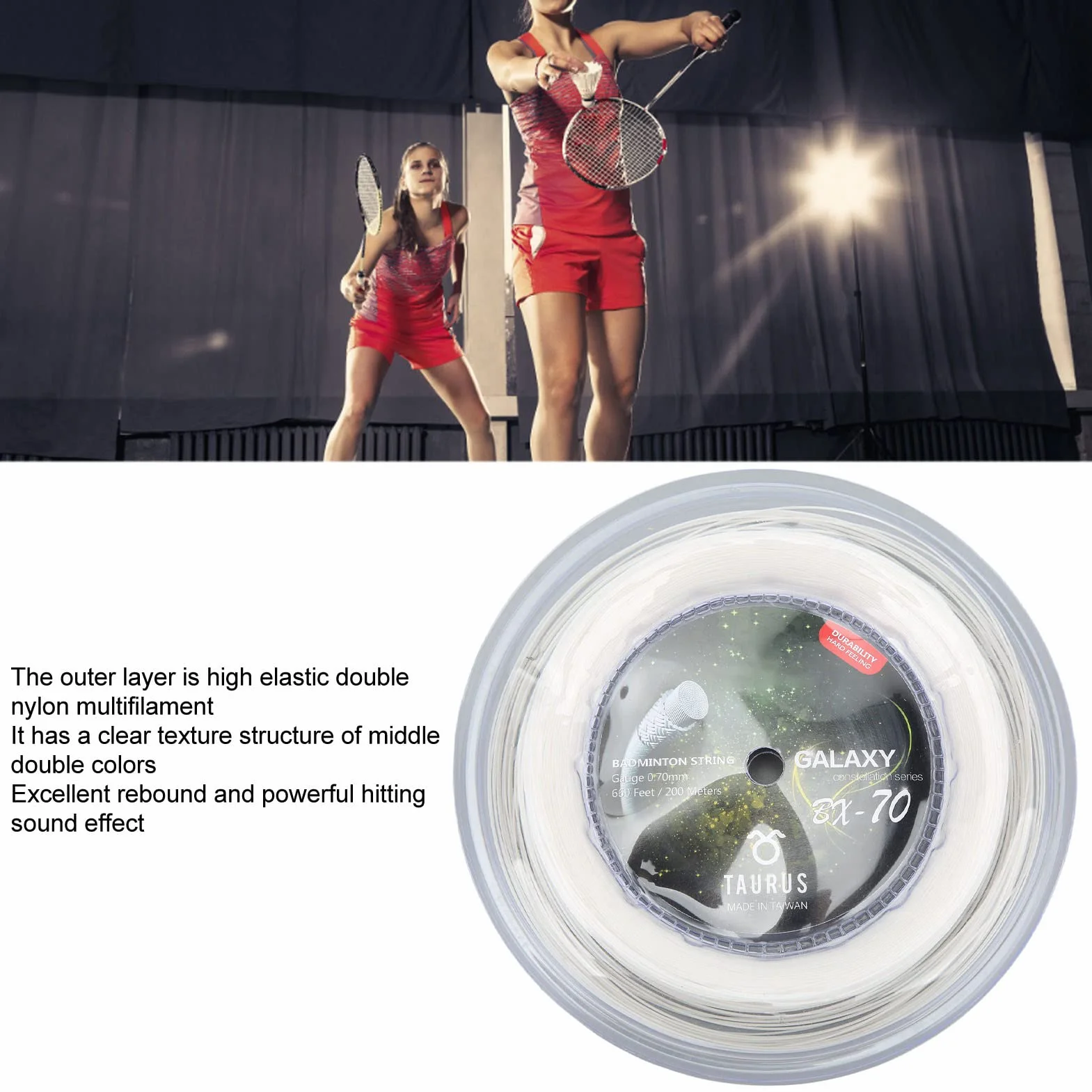 Keenso Cuerda de Raquetas de Bádminton POWERTI BX70, Cuerda de Raqueta de Bádminton de Nailon de Alta Elasticidad, Cuerda de Bádminton de 0,7mm, Carrete de 200m (Blanco)