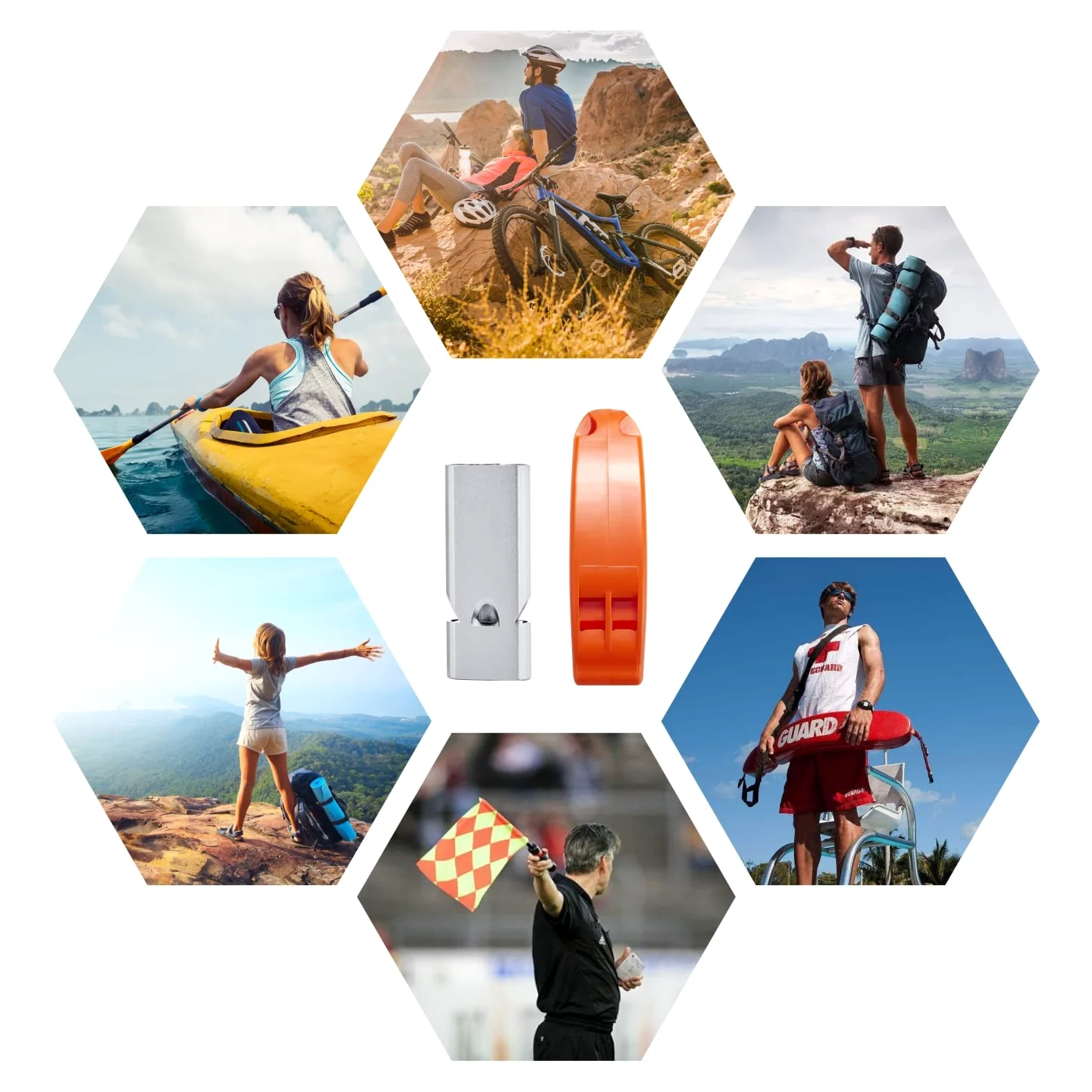 Silbatos de emergencia con cordón, tres tubos, silbatos de seguridad, paquete de 2 y 1 paquete de silbato de supervivencia de plástico para kayak, senderismo, camping, barco, al aire libre