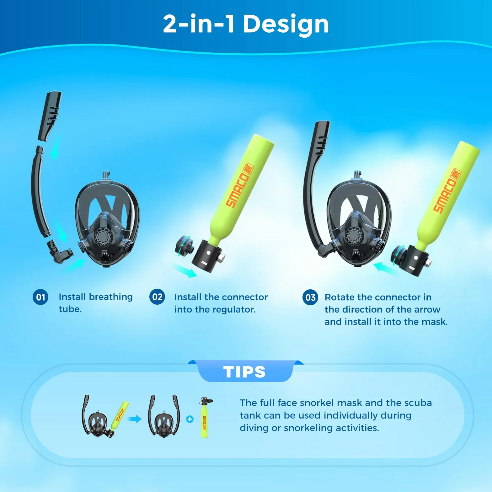 SMACO Mini Botella de Buceo con Máscara de Buceo Bombona de Buceo Pequeñas 0,5 litros Bombona Aire Comprimido Portatil Tanque de Buceo Recargable con Compresor para Viajes Nadar Rescate S300