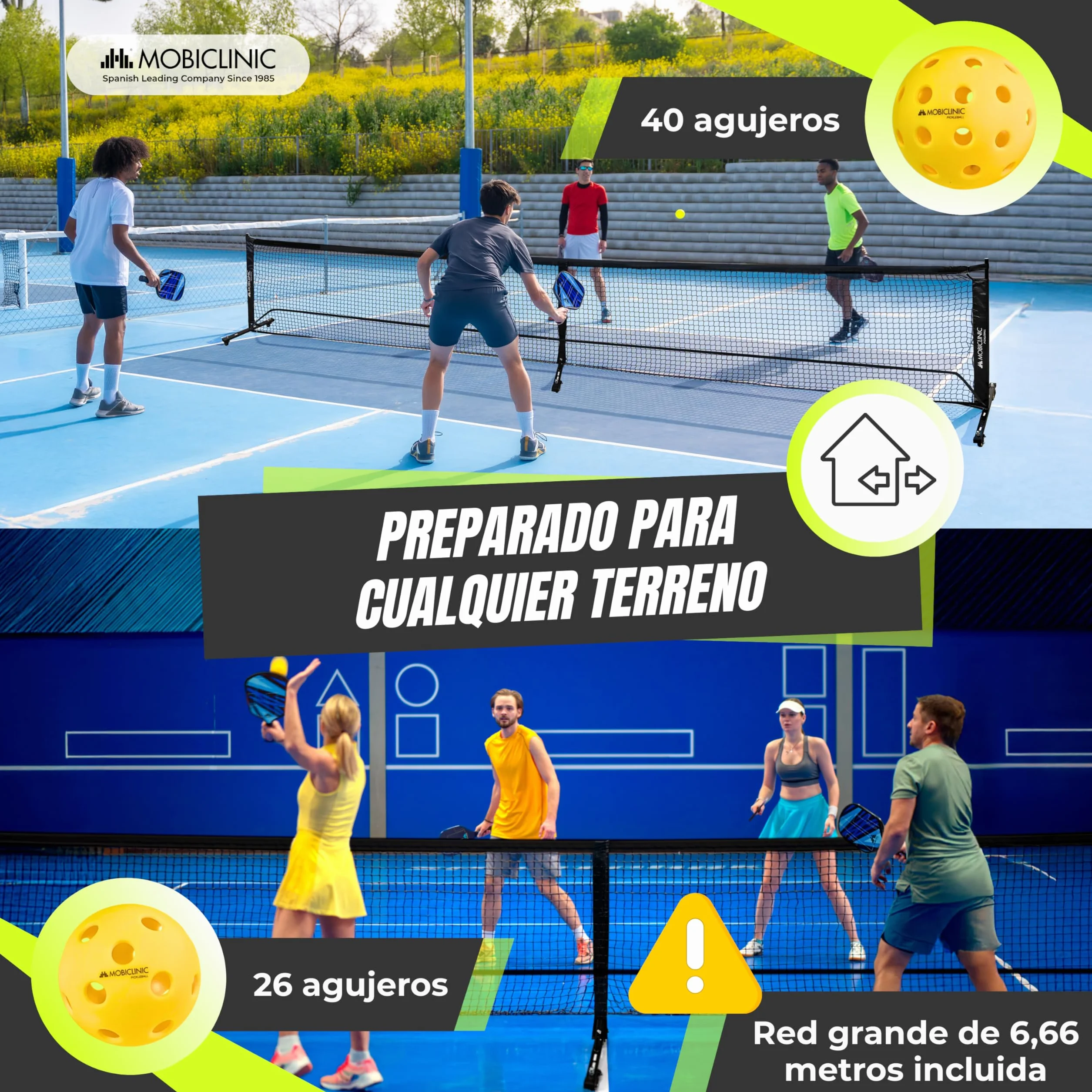 Mobiclinic®, Set de Pickleball, Palas de Fibra Vidrio, Pelotas Interior y Exterior, Bolsa Transporte, Núcleo de Polipropileno de Panal, Grip Antideslizante (4 Palas + 8 Pelotas + Red)