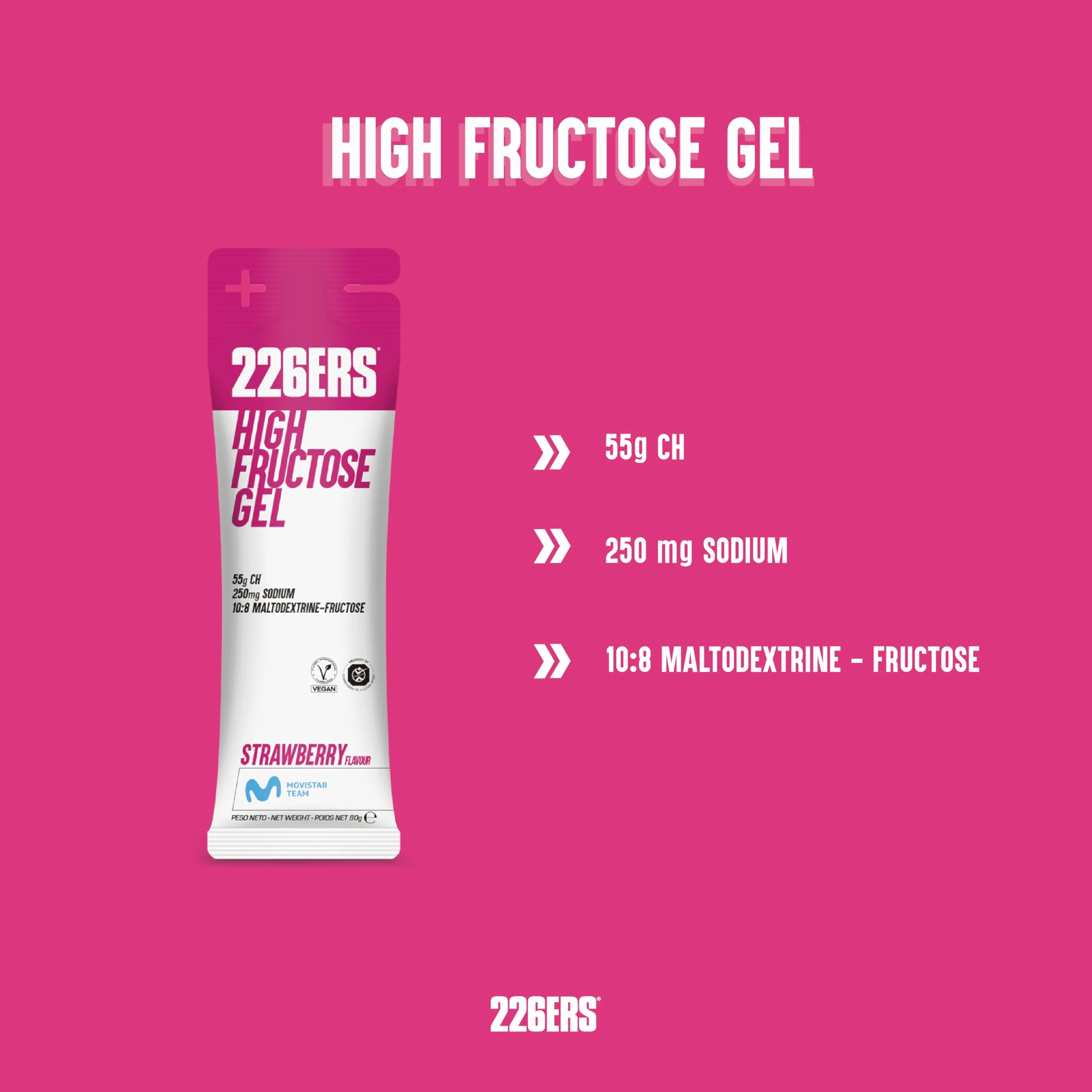 226ERS Gel Energético Fresa 80g, Alto Contenido Fructosa, Maltodextrina, Vegano Sin Gluten
