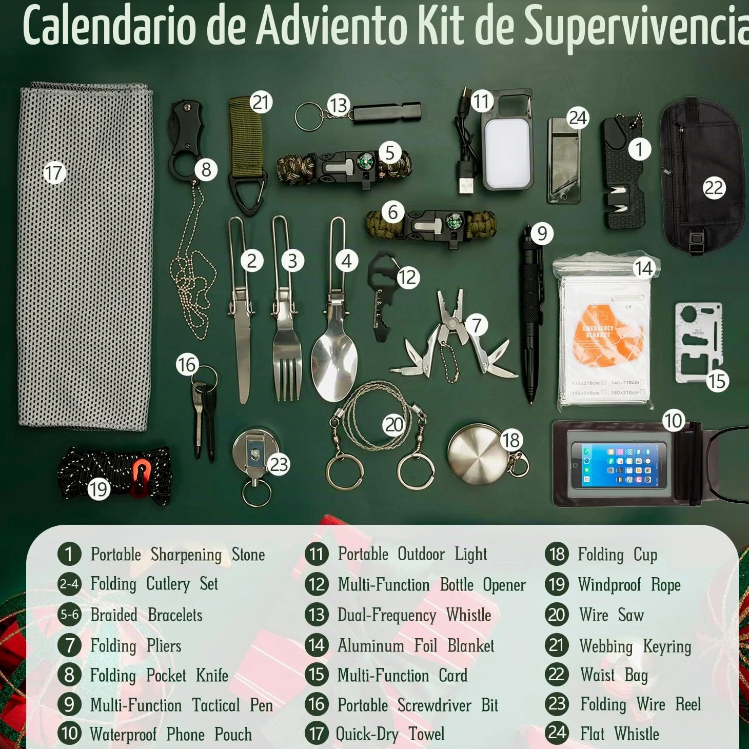 Calendario de Adviento 2025 Hombres, 24 PCS Kit de Herramientas de Supervivencia, Kit de Supervivencia para Acampada, Regalo Navidad Calendario Adviento para Adultos y Adolescentes