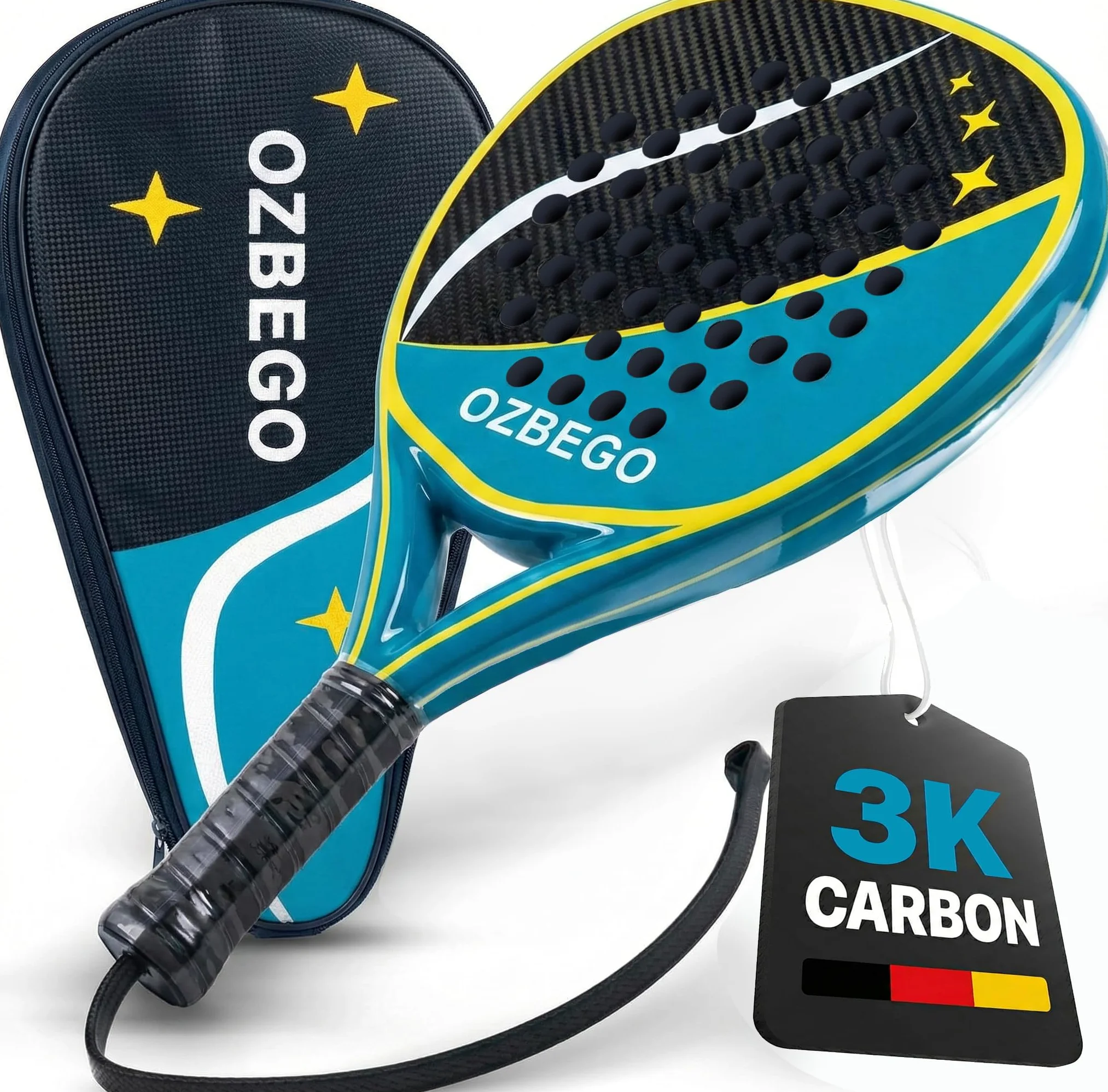 Juego de palas de pádel 100% de carbono completo (3K) con funda, 2 overgrips, muñequera y protector de pantalla – Ligero y duradero – Para principiantes y avanzados Diamond Negro/Verde