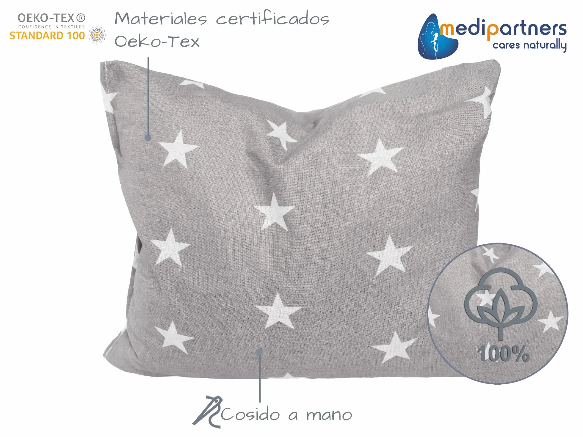 Saco de Semillas para Microondas 20x25cm 500g 100% Algodón Cojín Térmico Estrellas blancas sobre gris