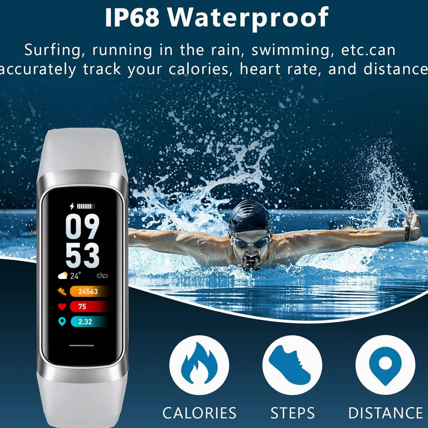 Rastreador de fitness con monitor de frecuencia cardíaca de oxígeno en sangre 24/7 y sueño, IP68 impermeable, pantalla táctil AMOLED de 1.10 pulgadas, contador de pasos, seguimiento de