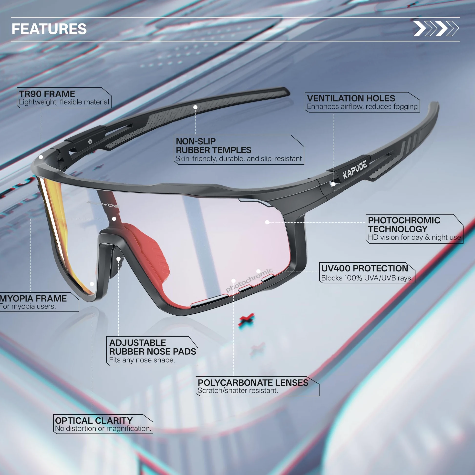 KAPVOE Gafas de Ciclismo Hombre Mujer K76 | Montura TR90, almohadilla nasal ajustable para ciclismo.