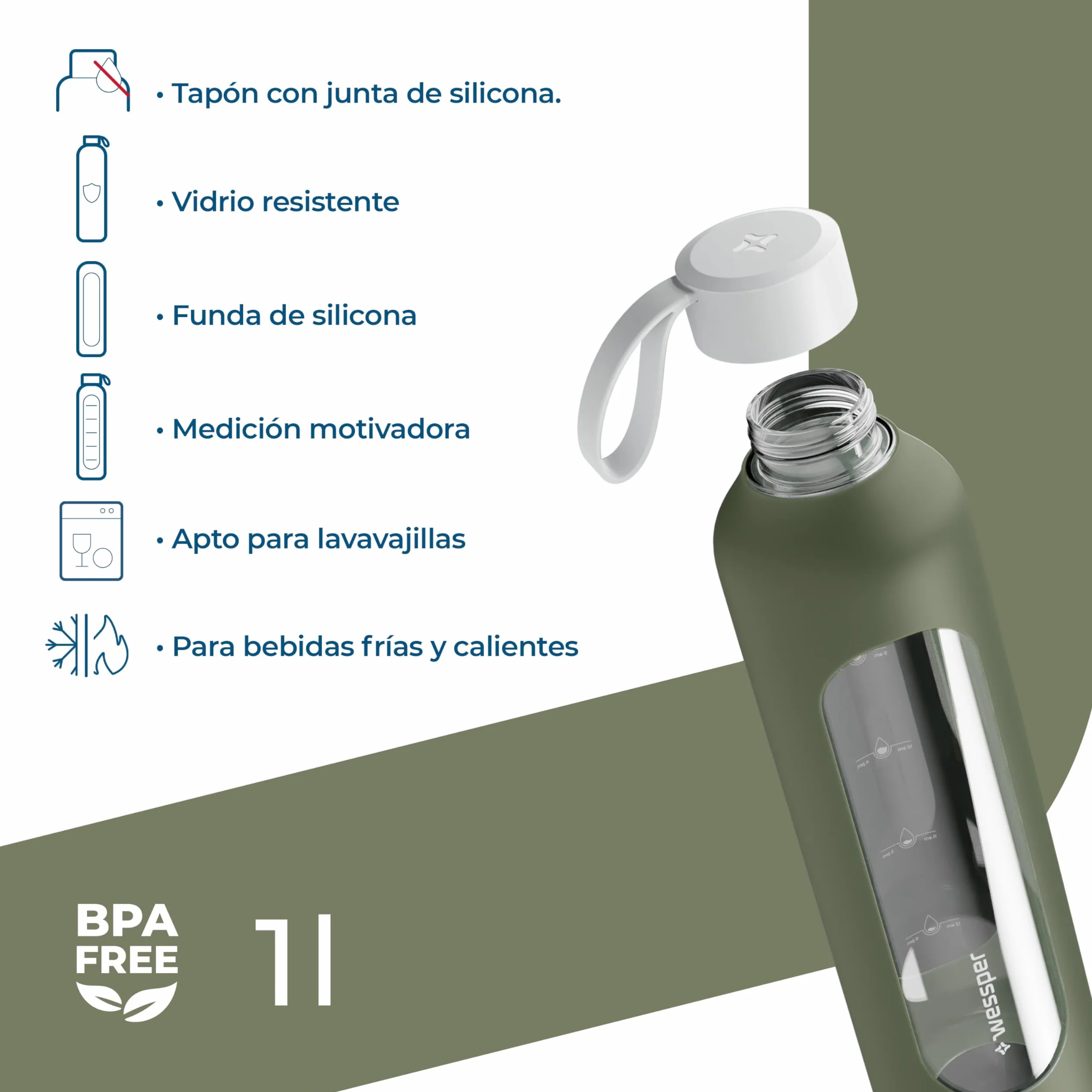 Wessper Botella de Agua Cristal, Botella 1 Litro Motivadora con Escala de Hidratación, Botellas de Vidrio Borosilicato con Funda de Silicona, Material Seguro sin BPA – Oliva