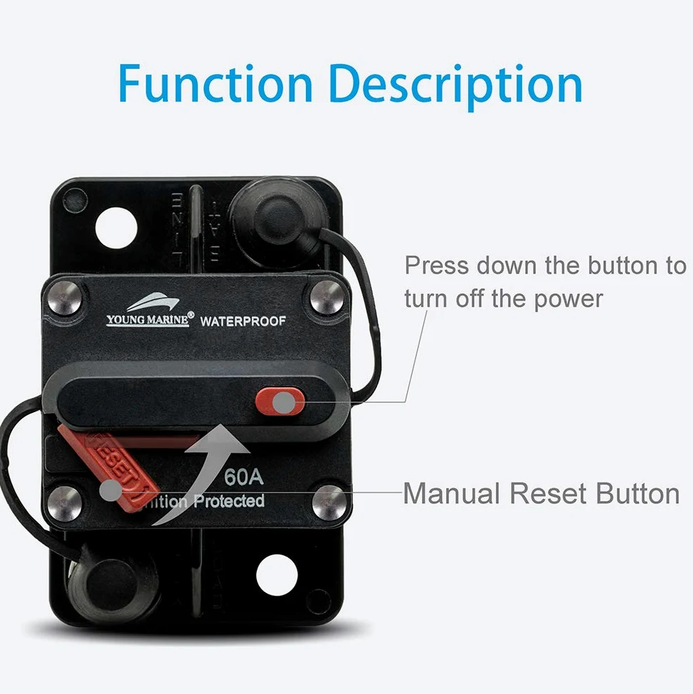 Young Marine Circuit Breaker for Boat Trolling with Manual Reset,Water Proof,12V- 48V DC (Surface Mount-60A)