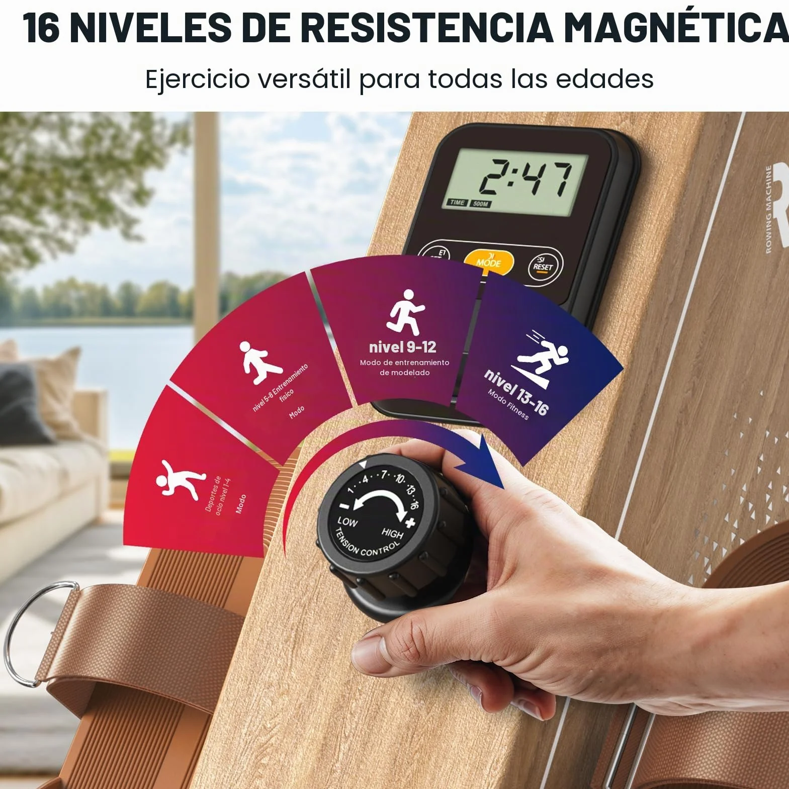 Máquina de remo para casa OR3, dispositivo de remo magnético con monitor Bluetooth, 16 niveles de resistencia, remo compacto con capacidad de peso de 150 kg, almacenamiento vertical, 2 años de
