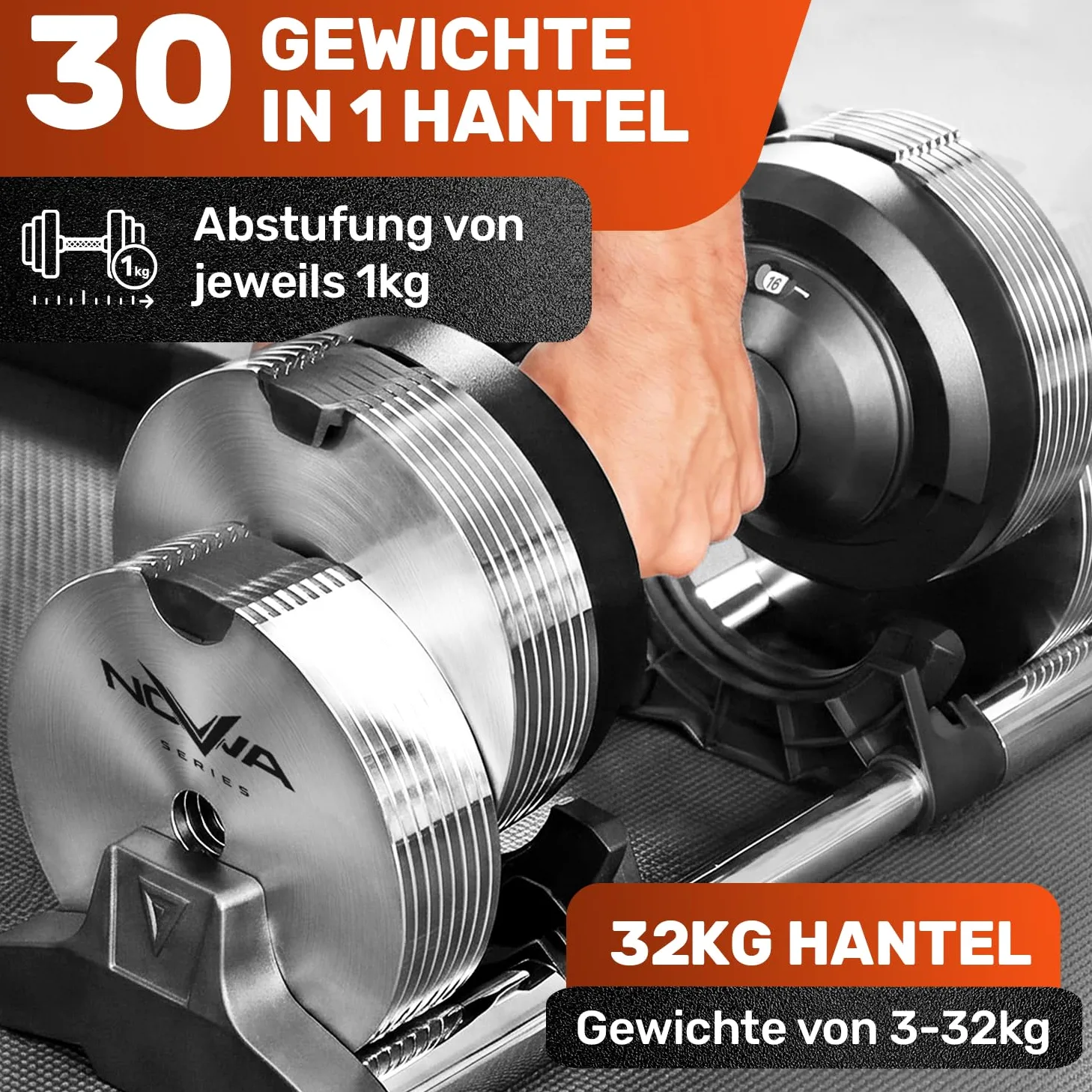 Mancuerna Regulable 24kg | Nova Series | 12kg |18kg | 24kg | 32kg |40kg | 24 Ajustes de Peso | Pesa Individual | Mancuerna Ajustable | Pesa graduable y compacta [NOVA³ LOCK]