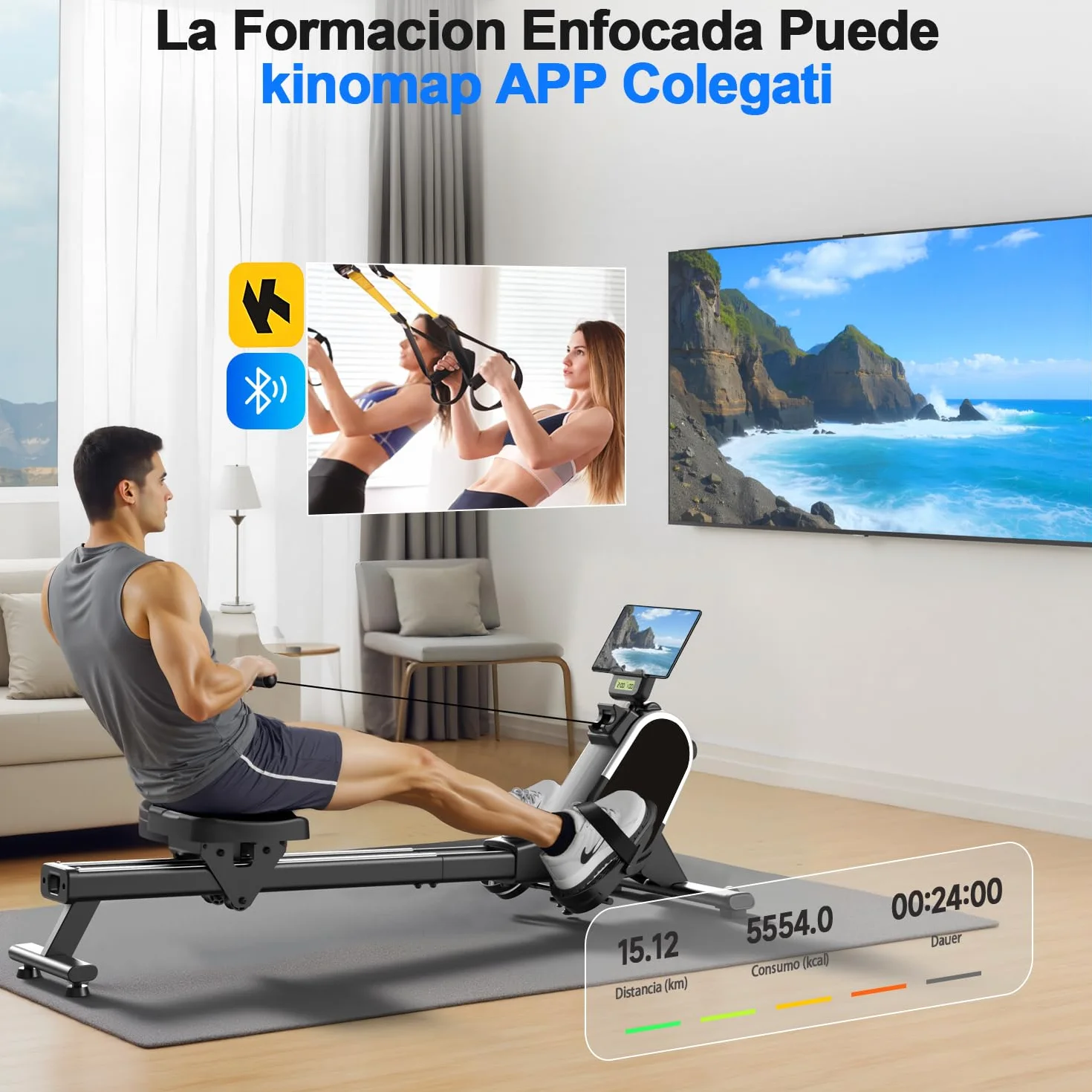 CHAOKE Maquina de Remo para Casa, Pistas Dobles Ultra Silenciosas y Estables,16 Niveles de Resistencia Magnético con App, Bluetooth y Pantalla LCD, Soporta hasta 160 KG, Fitness en Interiores