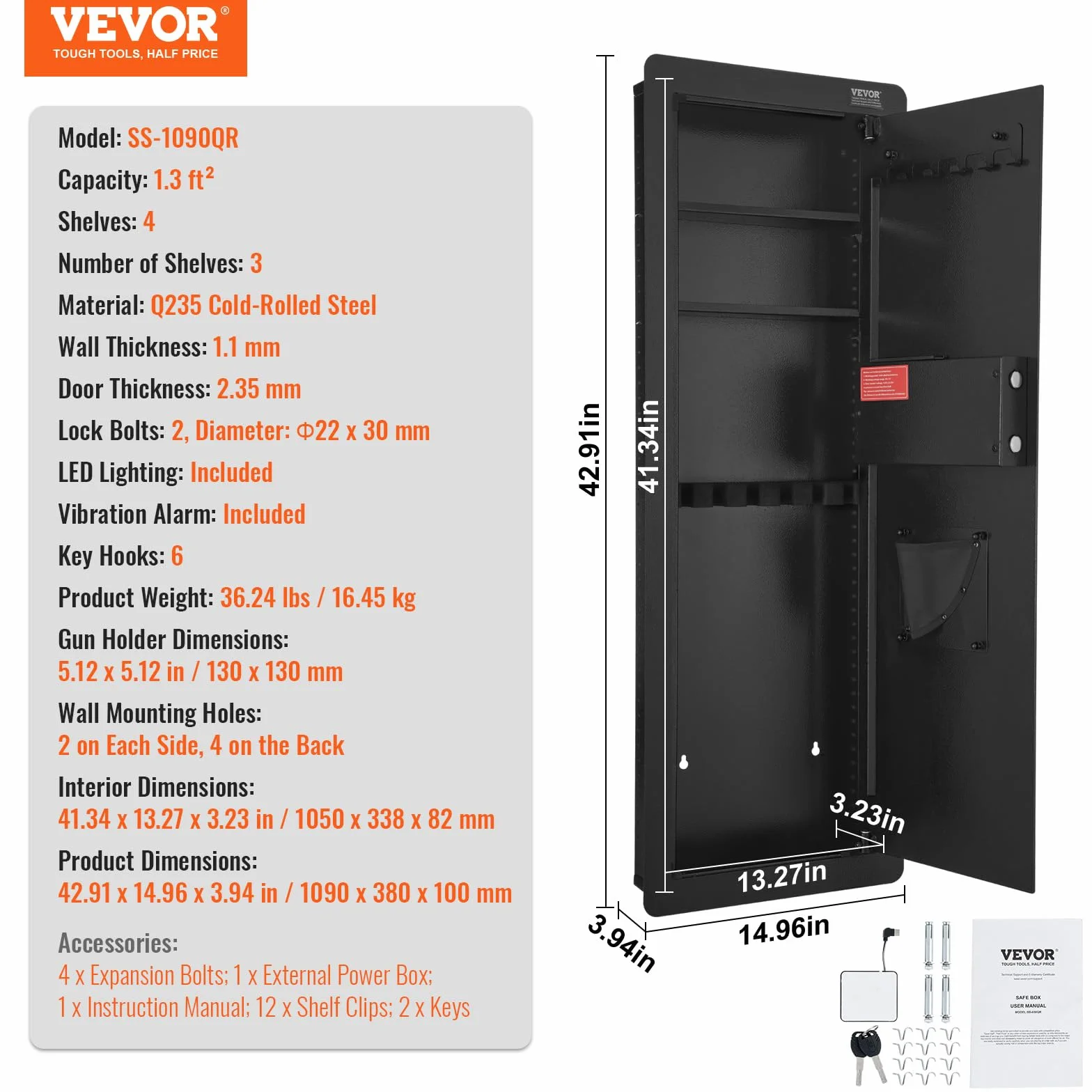 VEVOR Caja Fuerte para Armas de Pared 4 Niveles Teclado Lector Huellas Acero Laminado Frío Q235 1050x338x82 mm