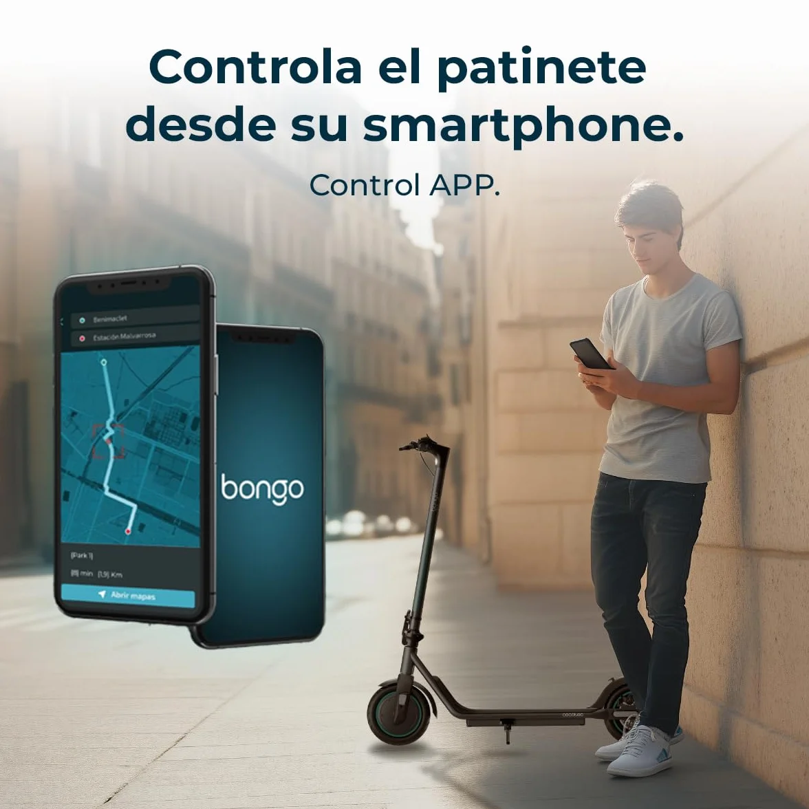 Cecotec Patinete Eléctrico Homologado con App y Acople para Teléfono Bongo D20E Connected, Potencia MAX 500 W, hasta 20km Autonomía, Disco Freno Trasero y E-ABS, Ligero 12,2Kg, Batería 5200mAh, 36V