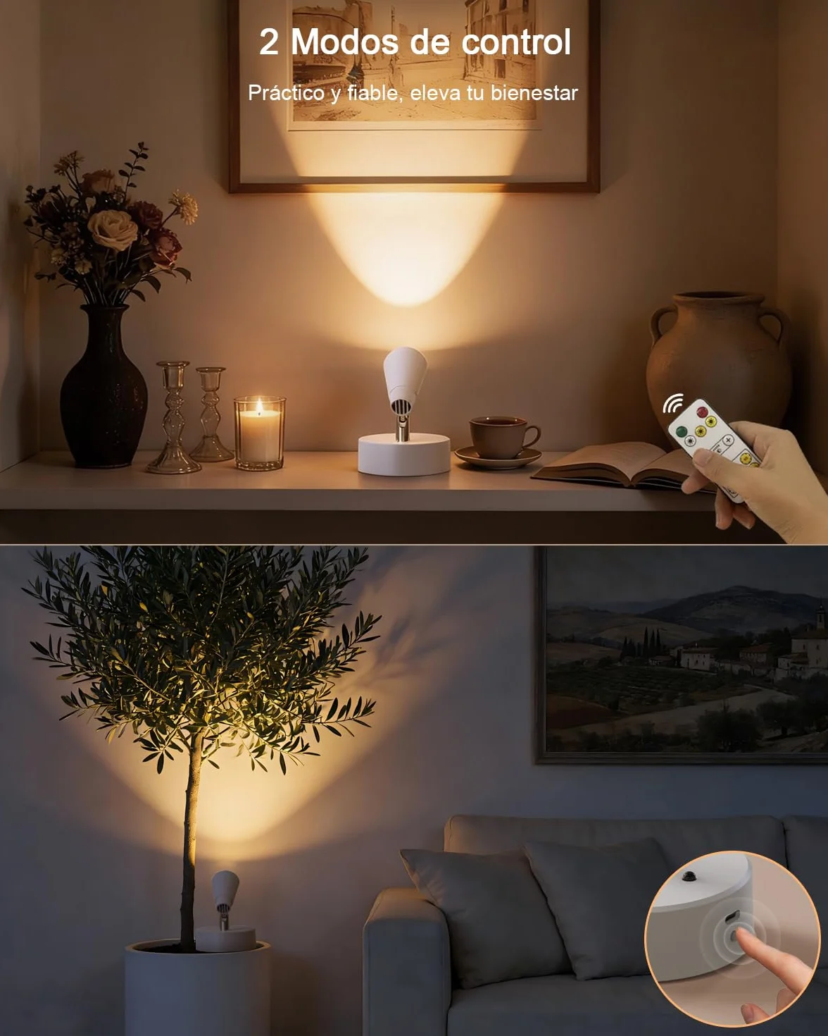 Lámpara de pared LED Recargable 5000mAh 2Pack USB 350° Giratorio 3 Colores Control Remoto Táctil